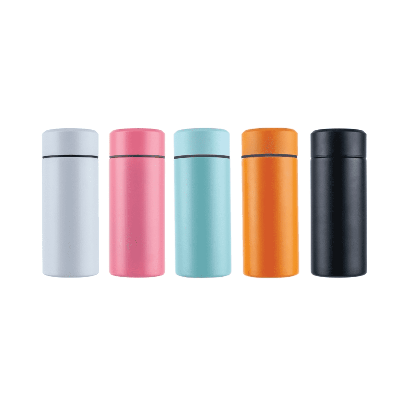 A collection of five drink bottles in white, pink, teal, orange, and black, featuring a simple design and branding. Noble double wall stainless steel vaccum drink bottle - Image 1