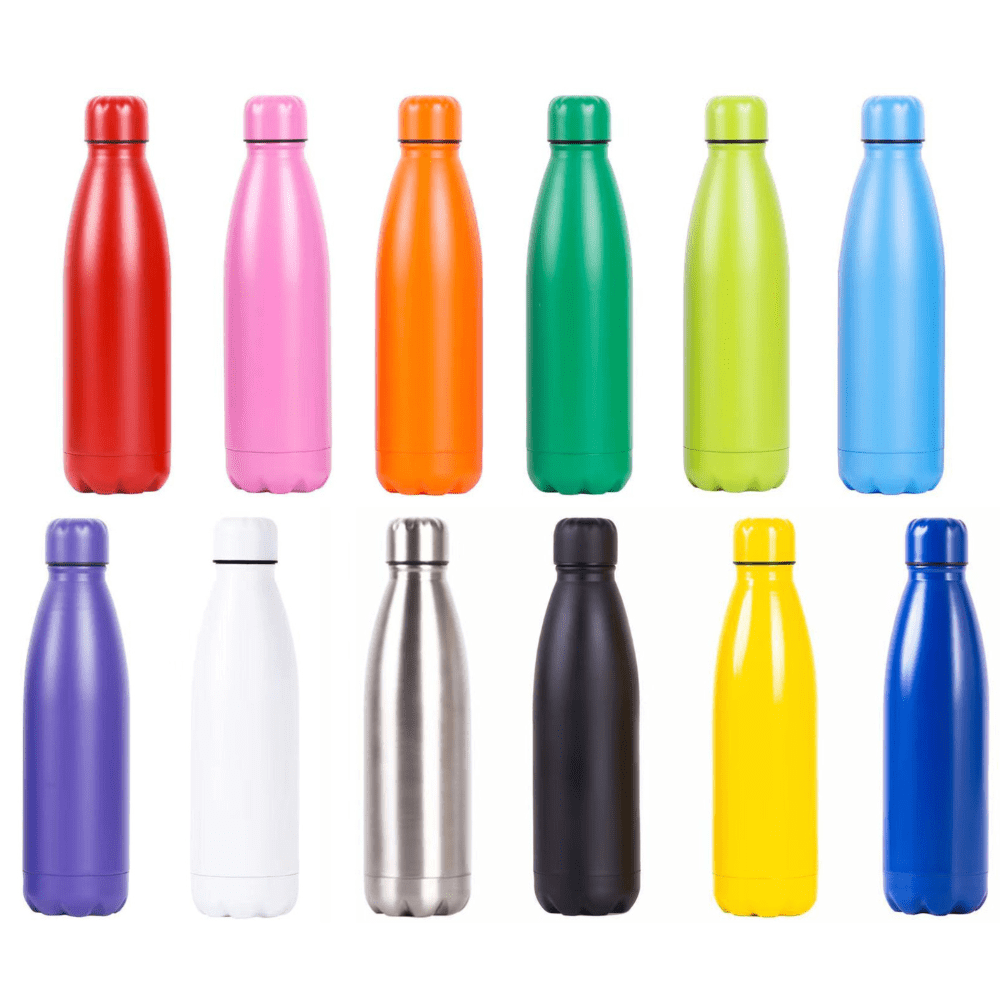 A drink bottle collection featuring red, pink, orange, green, blue, purple, white, stainless steel, black, and yellow colours. Oscar single wall stainless steel drink bottle - Image 1