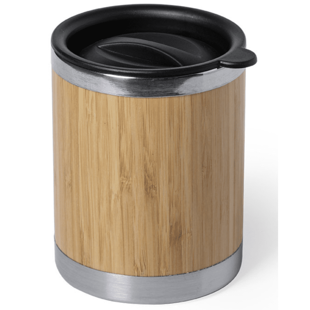 A coffee mug with a bamboo exterior, metal rim, and a black lid, featuring a logo. Pearson double bamboo mug - Image 1