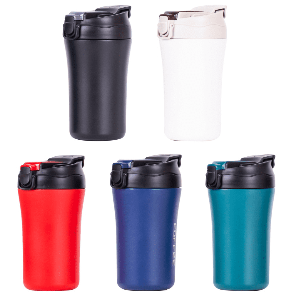 A drink bottle collection featuring black, white, red, navy, and teal travel mugs, each with a locking lid and logo. Porter double wall stainless steel vaccum coffee mug - Image 1