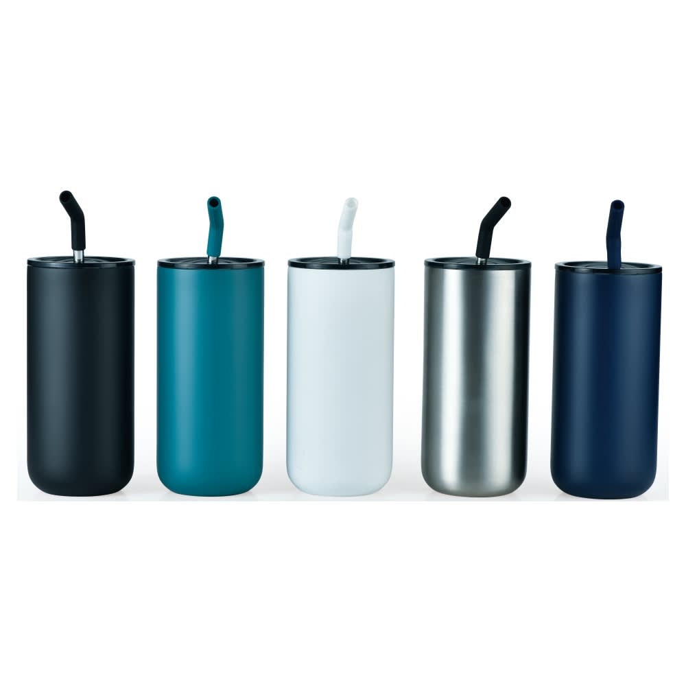 A drink bottle collection featuring five designs in black, teal, white, silver, and navy, each with a straw and a logo. Randy double wall stainless steel vaccum tumbler - Image 1