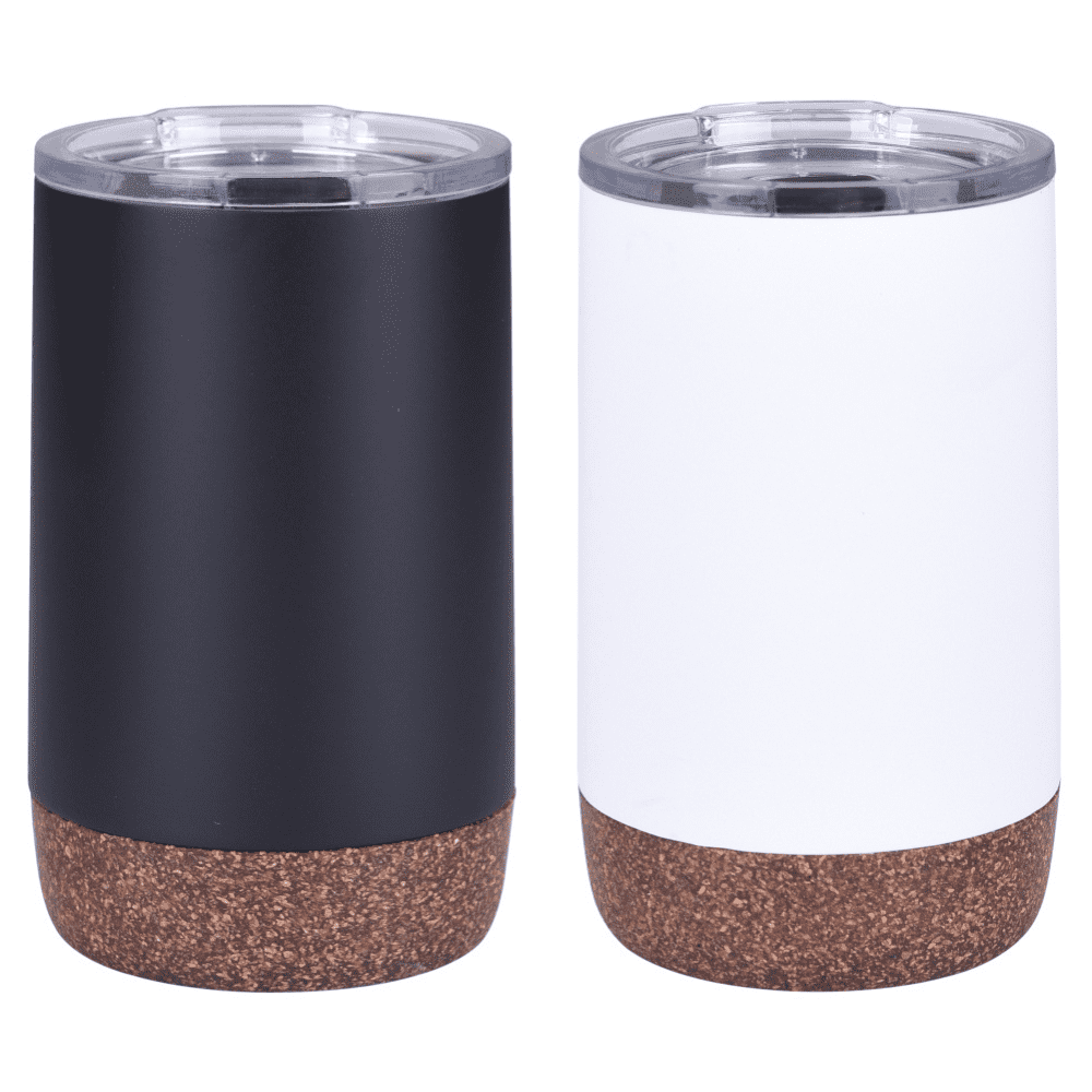 A drink bottle set featuring a black and a white mug, both with a cork base and clear lids. Rita double wall stainless steel coffee mug - Image 1