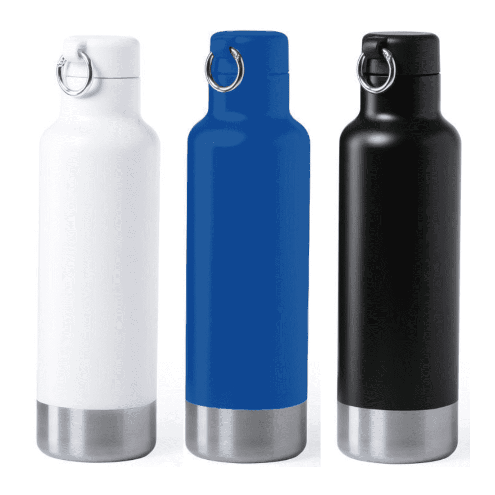A drink bottle collection featuring white, blue, and black stainless steel designs with a silver base and a metal ring. Rolland single wall stainless steel drink bottle - Image 1