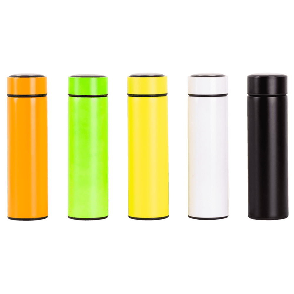 A drink bottle collection featuring orange, green, yellow, white, and black colours, each with a sleek design and branding. Sammy double wall stainless steel vaccum drink bottle - Image 1