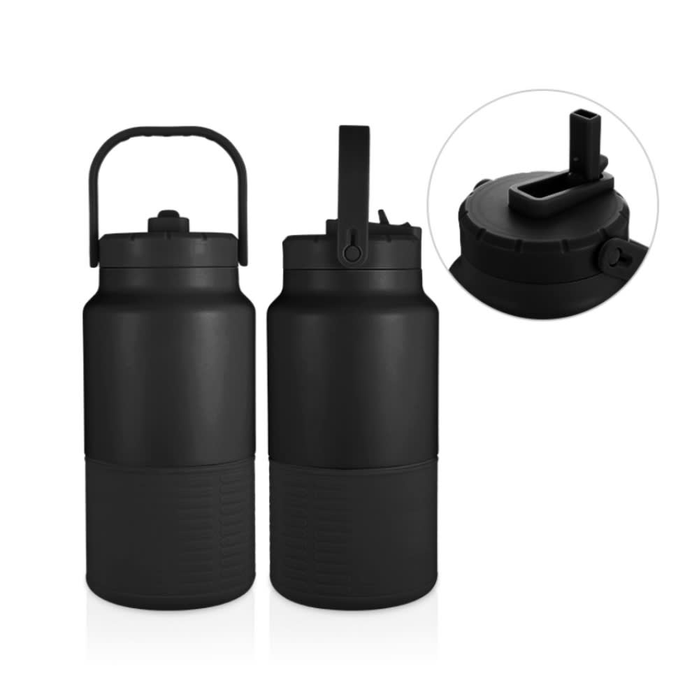 A drink bottle in matte black with a carry handle and a spout. It features a logo on the side. Shelton double wall stainless steel vaccum flask - Image 1