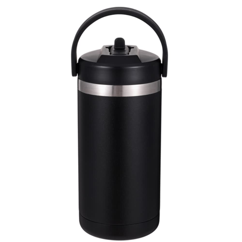 A drink bottle in black with a silver band and a carry handle, featuring a secure lid and no visible branding. Shelton double wall stainless steel vaccum drink bottle - Image 1