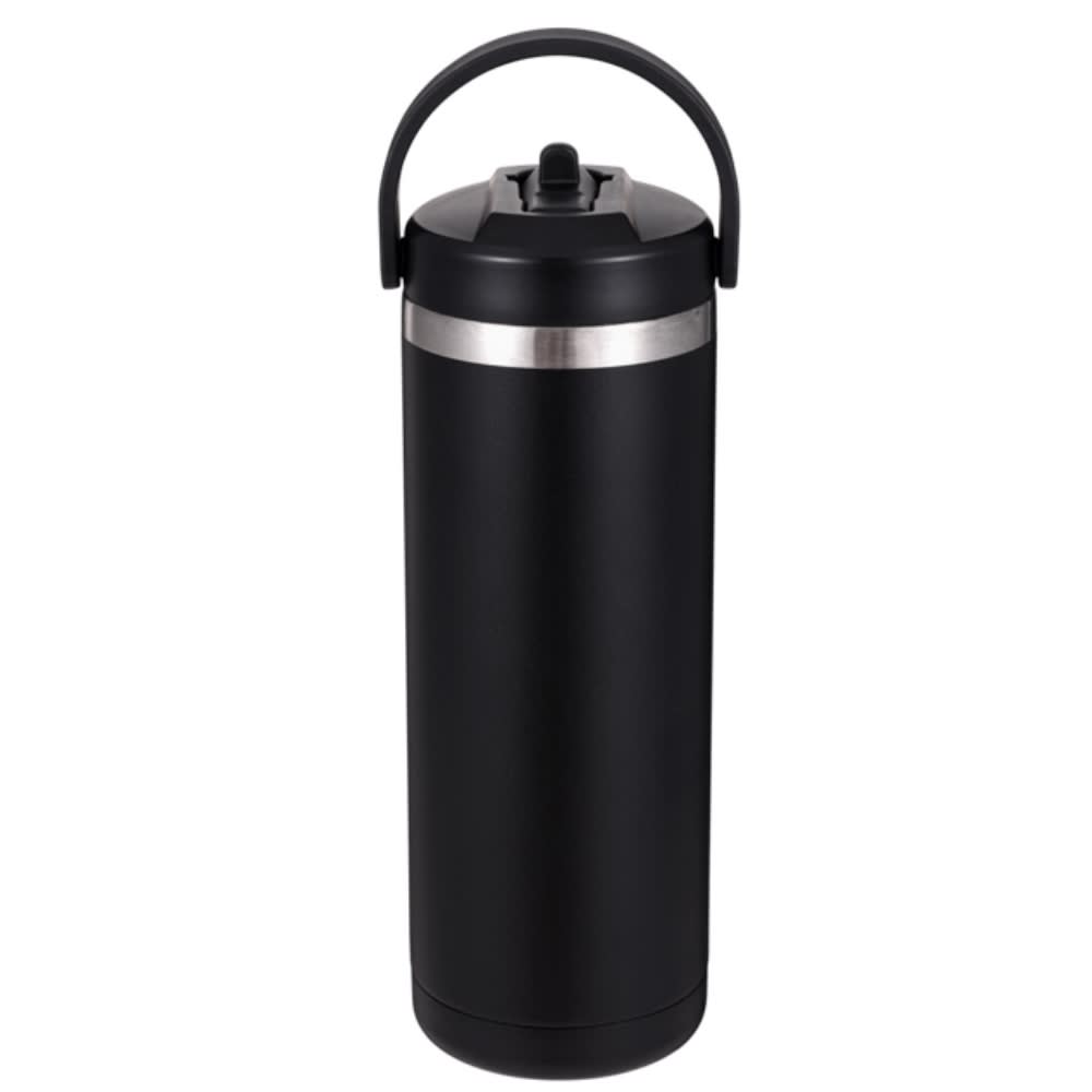 A drink bottle in matte black with a silver band and a curved handle on top. Shelton double wall stainless steel vaccum drink bottle - Image 1