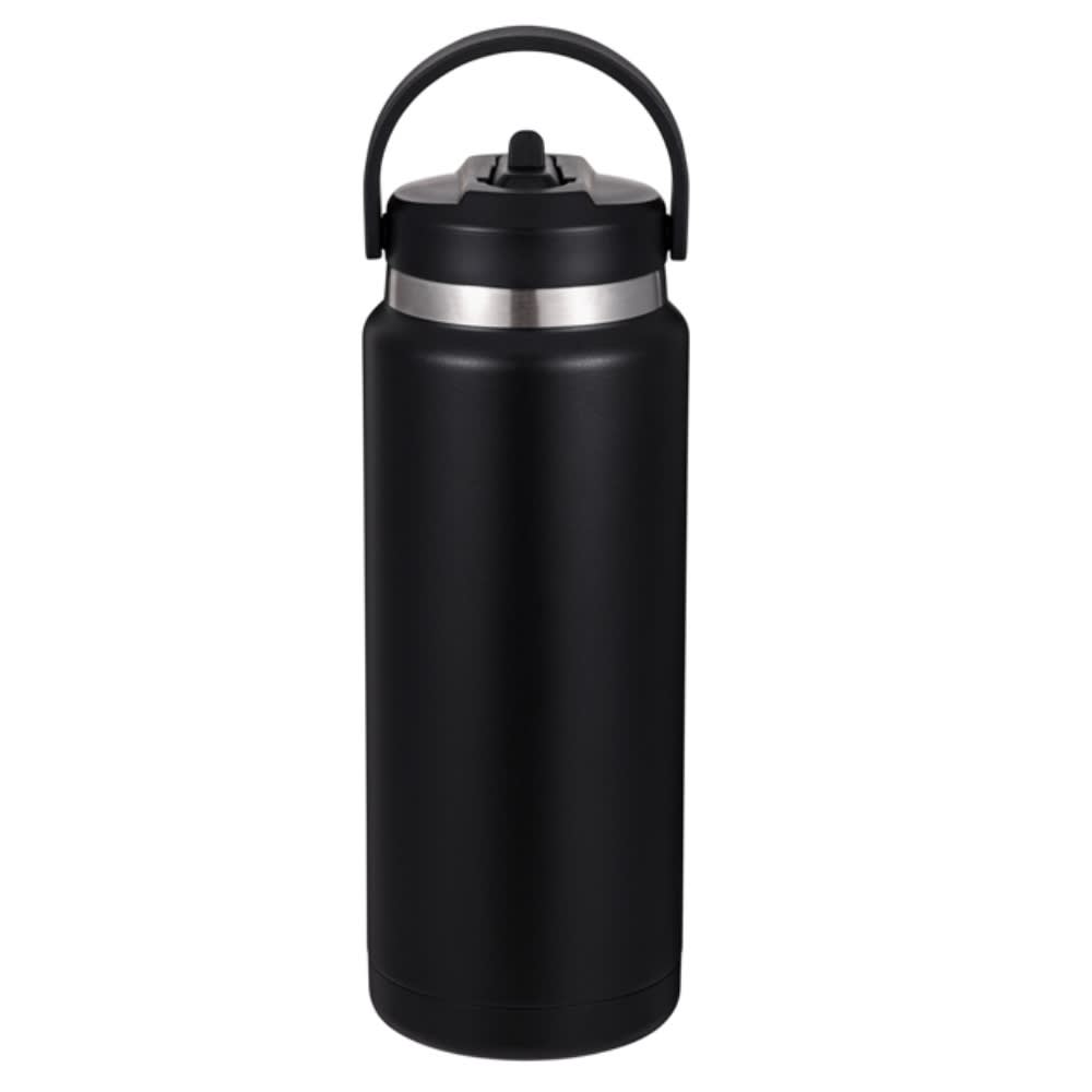 A drink bottle in matte black with a stainless steel band and a handle on the lid. It features a logo. Shelton double wall stainless steel vaccum drink bottle - Image 1