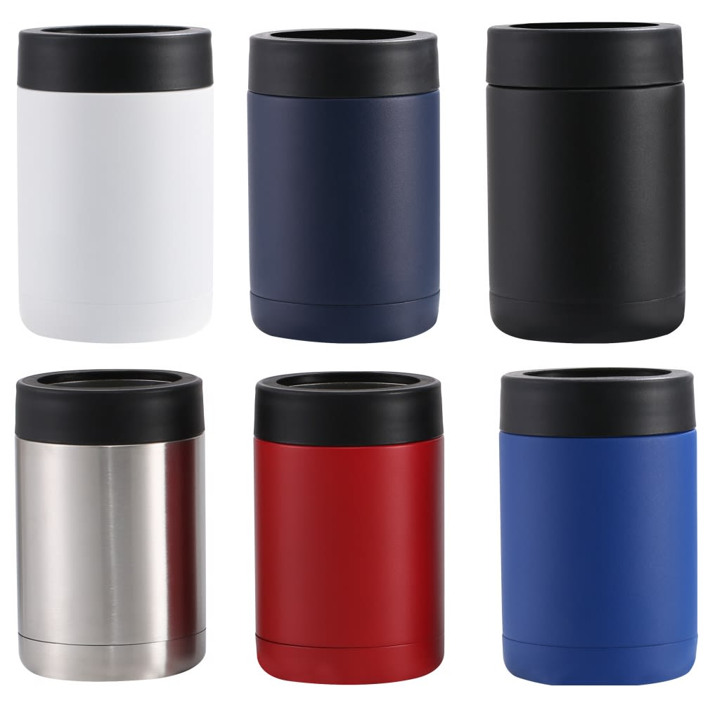 A collection of drink bottles in white, navy, black, stainless steel, red, and blue, featuring black lids and branding. Silvia double wall stainless steel vaccum can cooler - Image 1