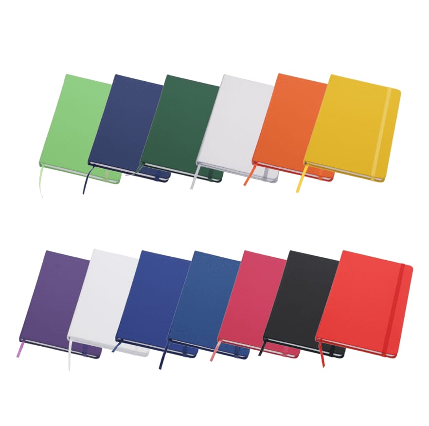 A collection of Koano Notebooks in various colours, including green, blue, orange, and pink, featuring a logo on the cover. Koano Notebook - Image 1