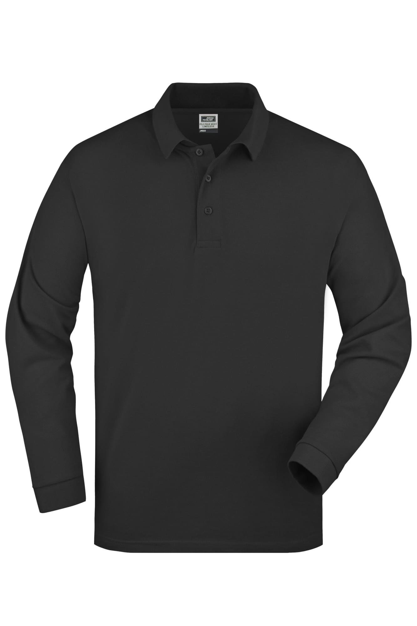 A black long-sleeve polo shirt featuring a collar and three-button placket, with a logo on the chest. Polo Pique L-S - Image 1