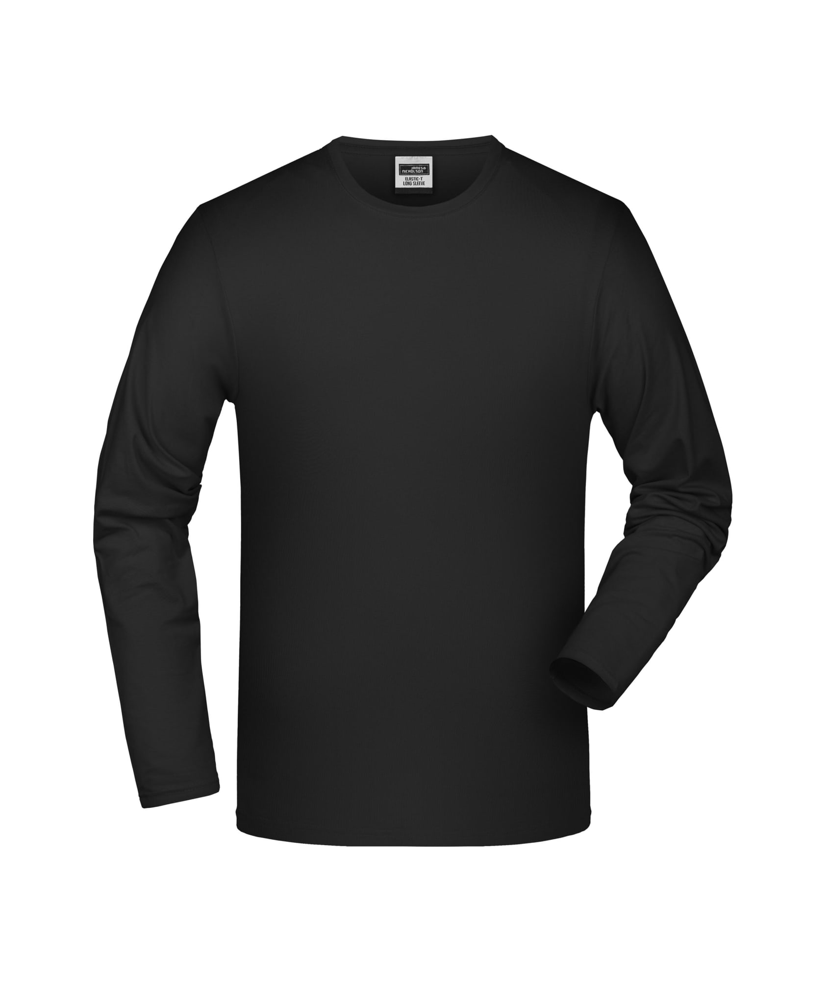 A black long-sleeve elastic T-shirt displayed on a plain background, featuring a logo on the label. Elastic T-Shirt L-S - Image 1