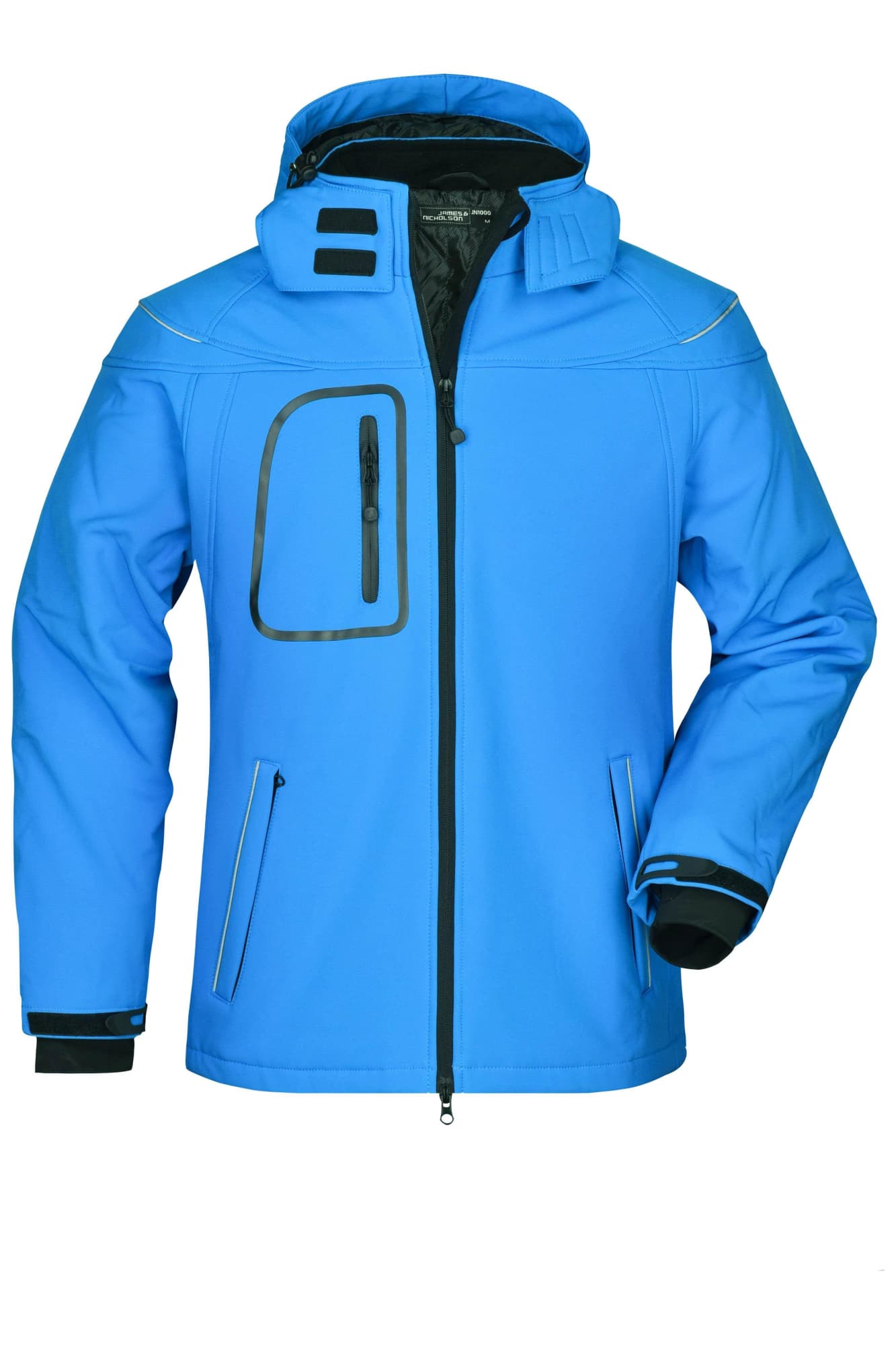 A blue men's winter softshell jacket with a zip front, hood, and a pouch pocket, featuring a logo. Mens Winter Softshell Jacket - Image 1