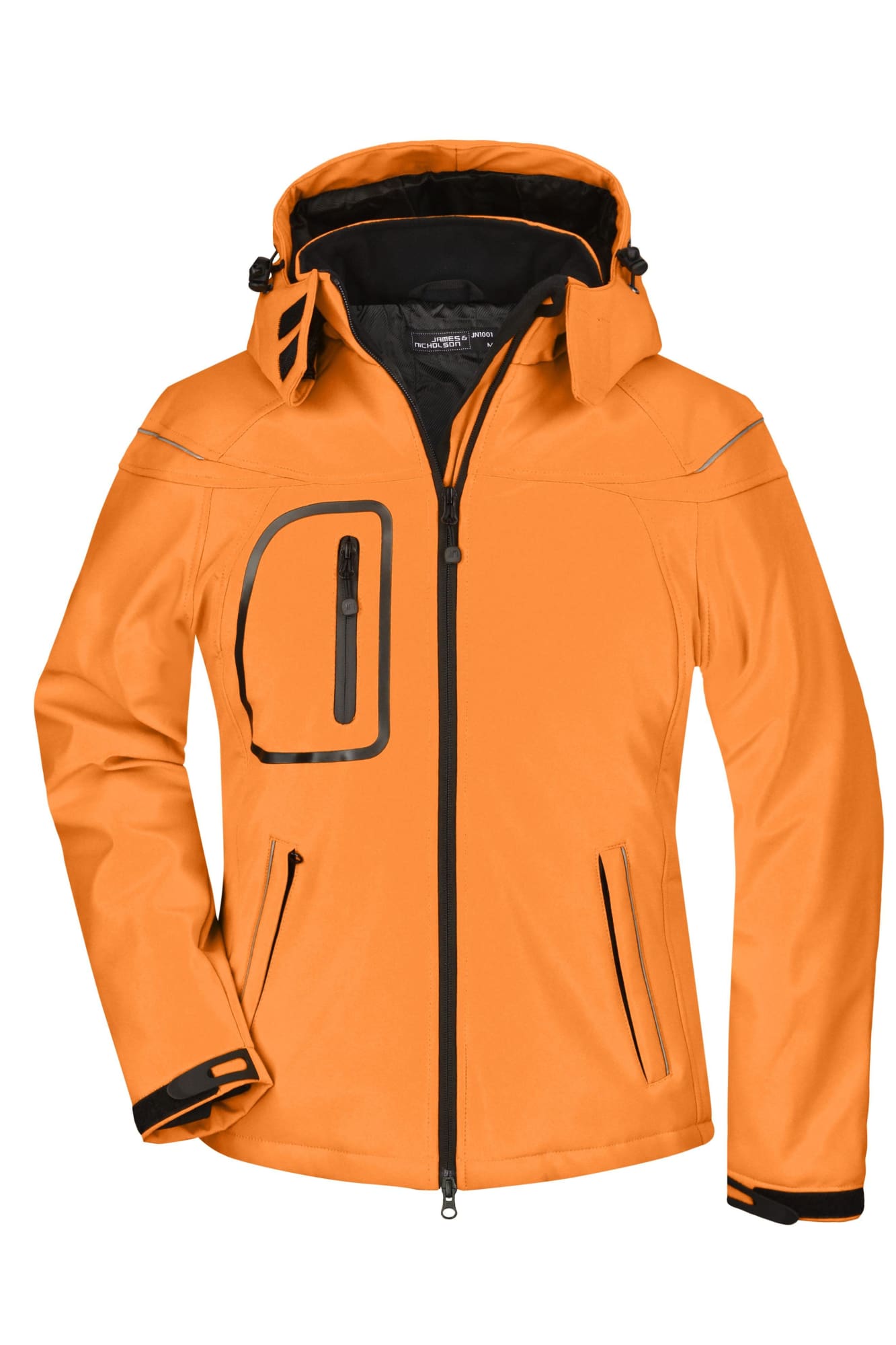 An orange ladies softshell jacket with a hood, zippered front, and multiple pockets, featuring a contrasting black interior. Ladies Winter Softshell Jacket - Image 1