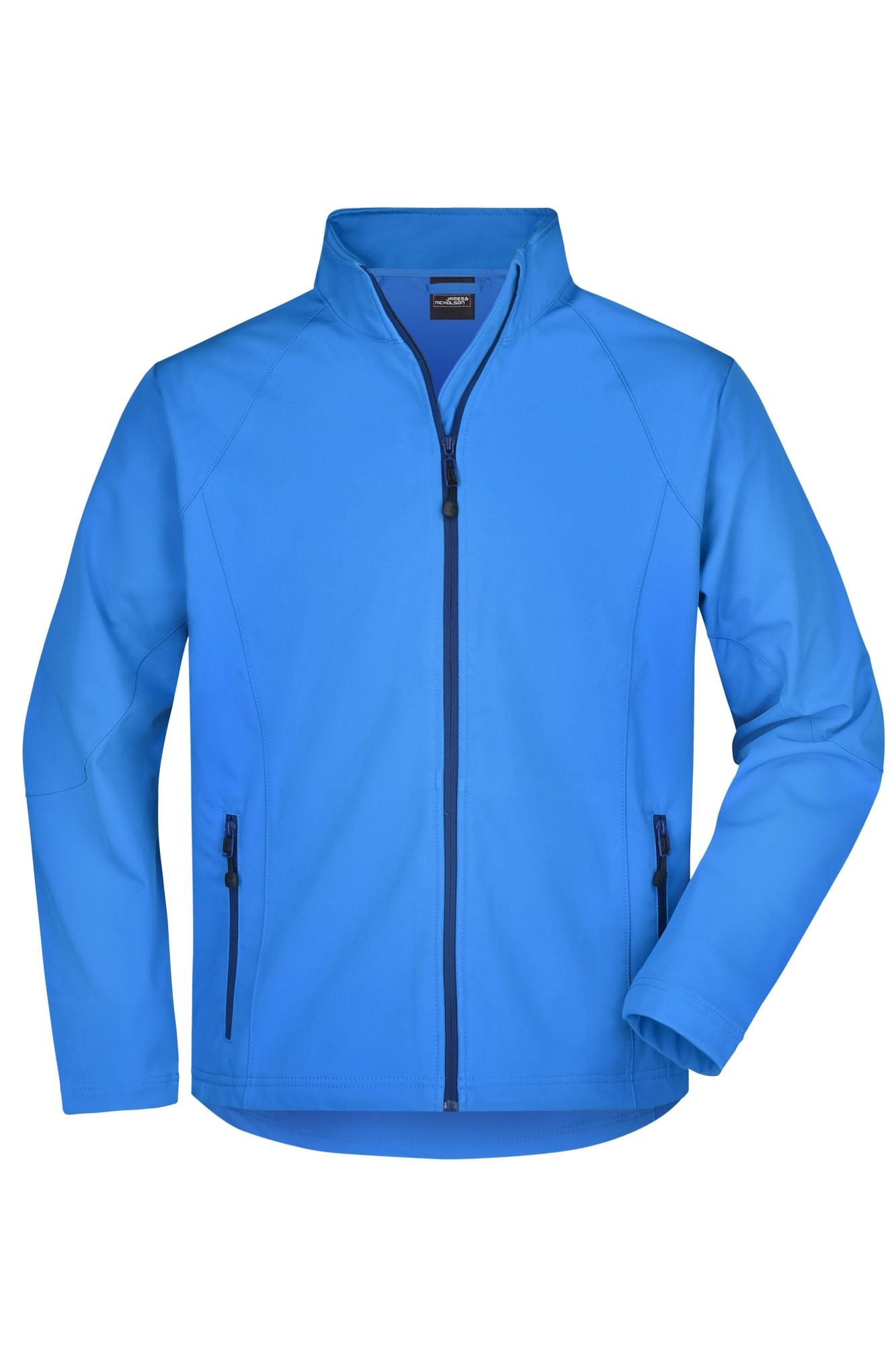 A blue men's softshell jacket with a stand-up collar and zippered front. Features side pockets and a logo. Mens Softshell Jacket - Image 1