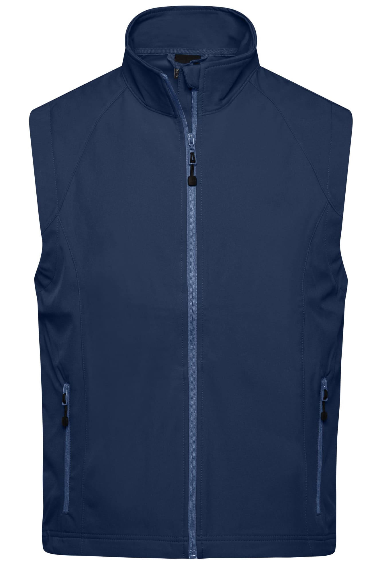 A navy softshell vest featuring a high collar and zippered pockets, with a logo on the front. Mens Softshell Vest - Image 1