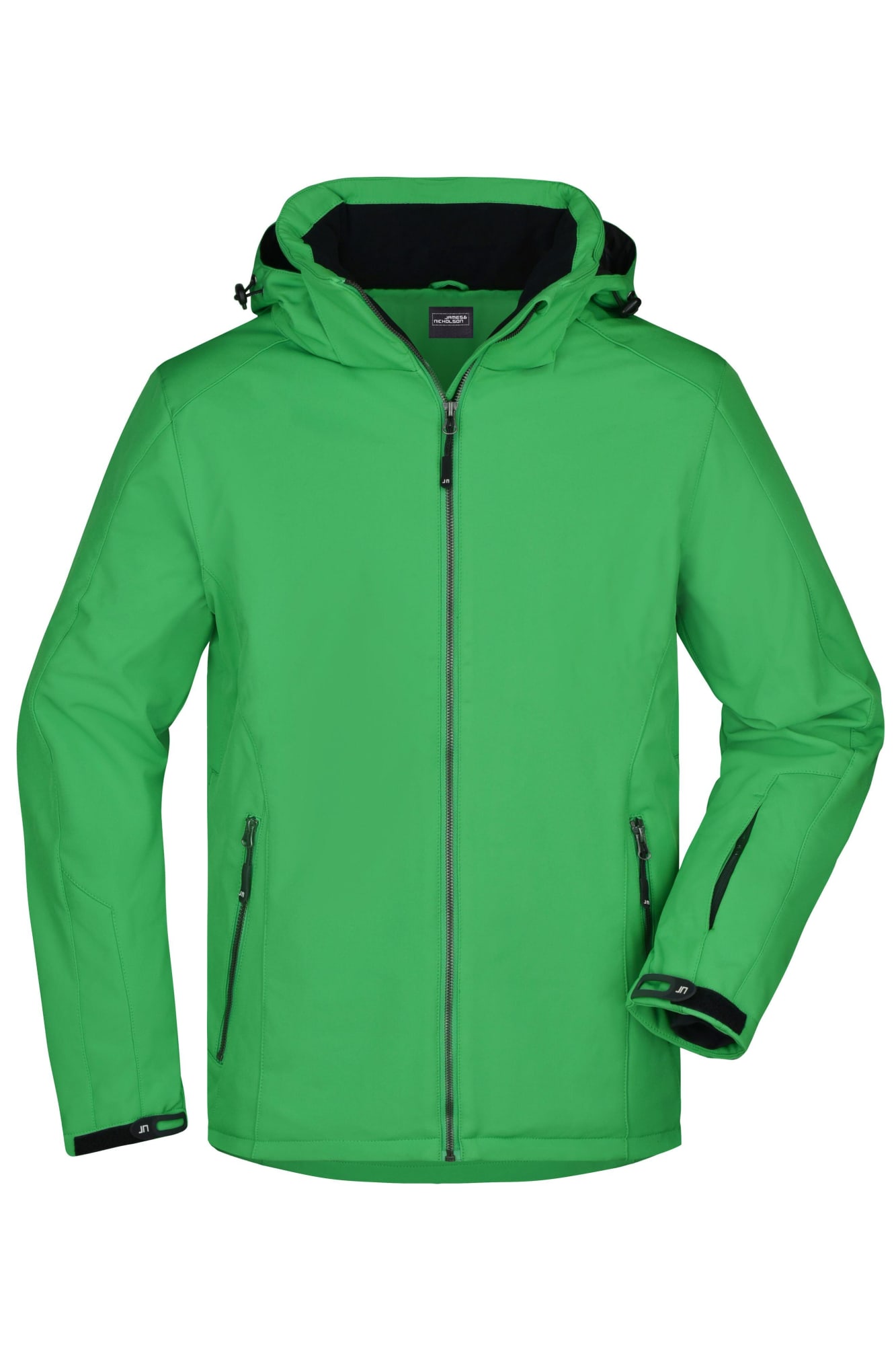 A green men's winter sport jacket featuring a hood, zip front, and black accents. It has side pockets and a branding logo. Mens Wintersport Jacket - Image 1