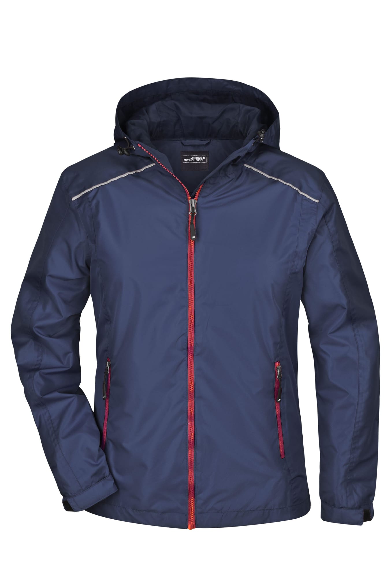 A navy blue ladies rain jacket with a hood, featuring zippered pockets and contrasting red accents. Ladies Rain Jacket - Image 1