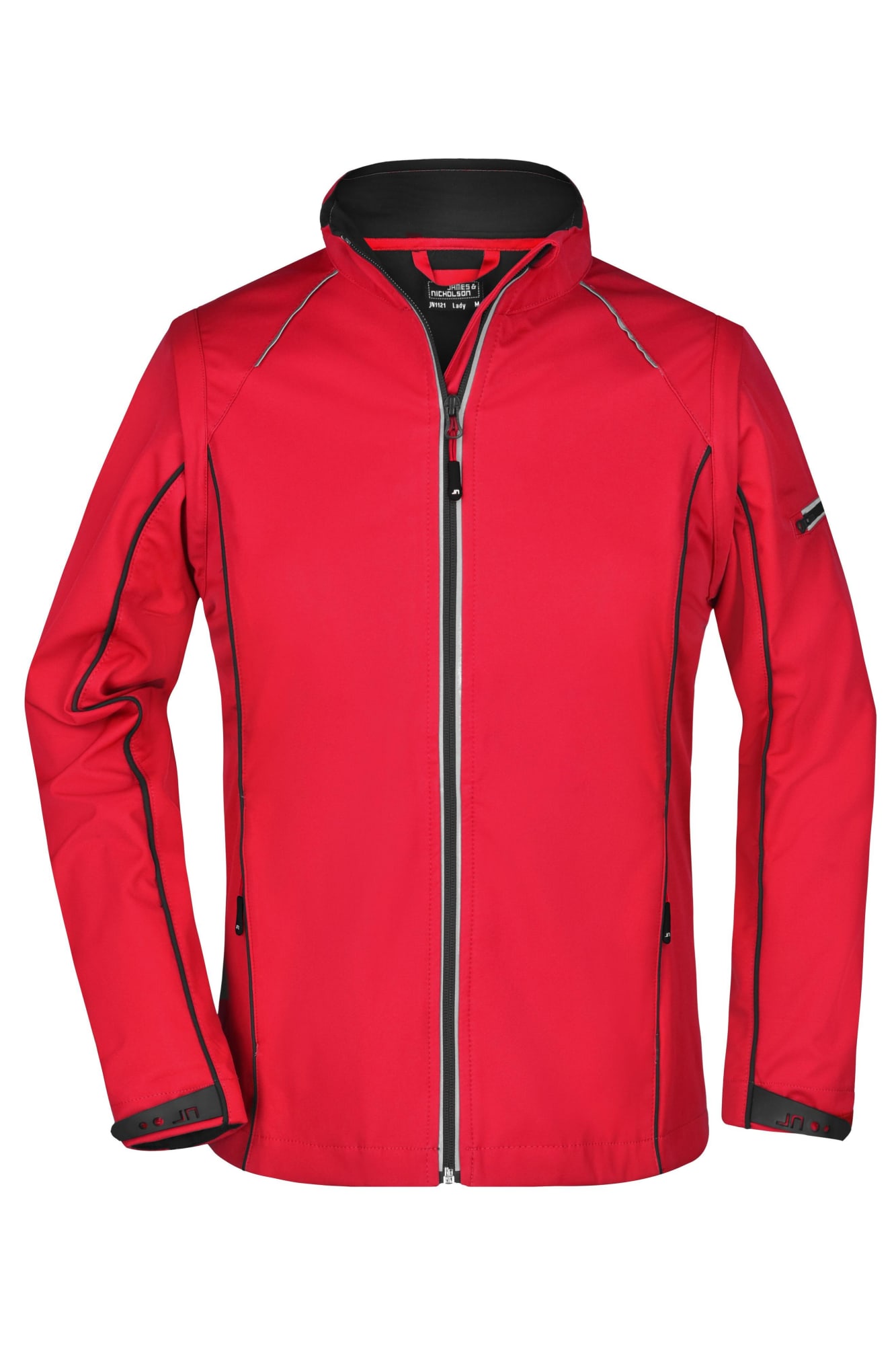 A red ladies zip-off softshell jacket featuring a high collar and a logo on the sleeve. Ladies Zip-Off Softshell Jacket - Image 1