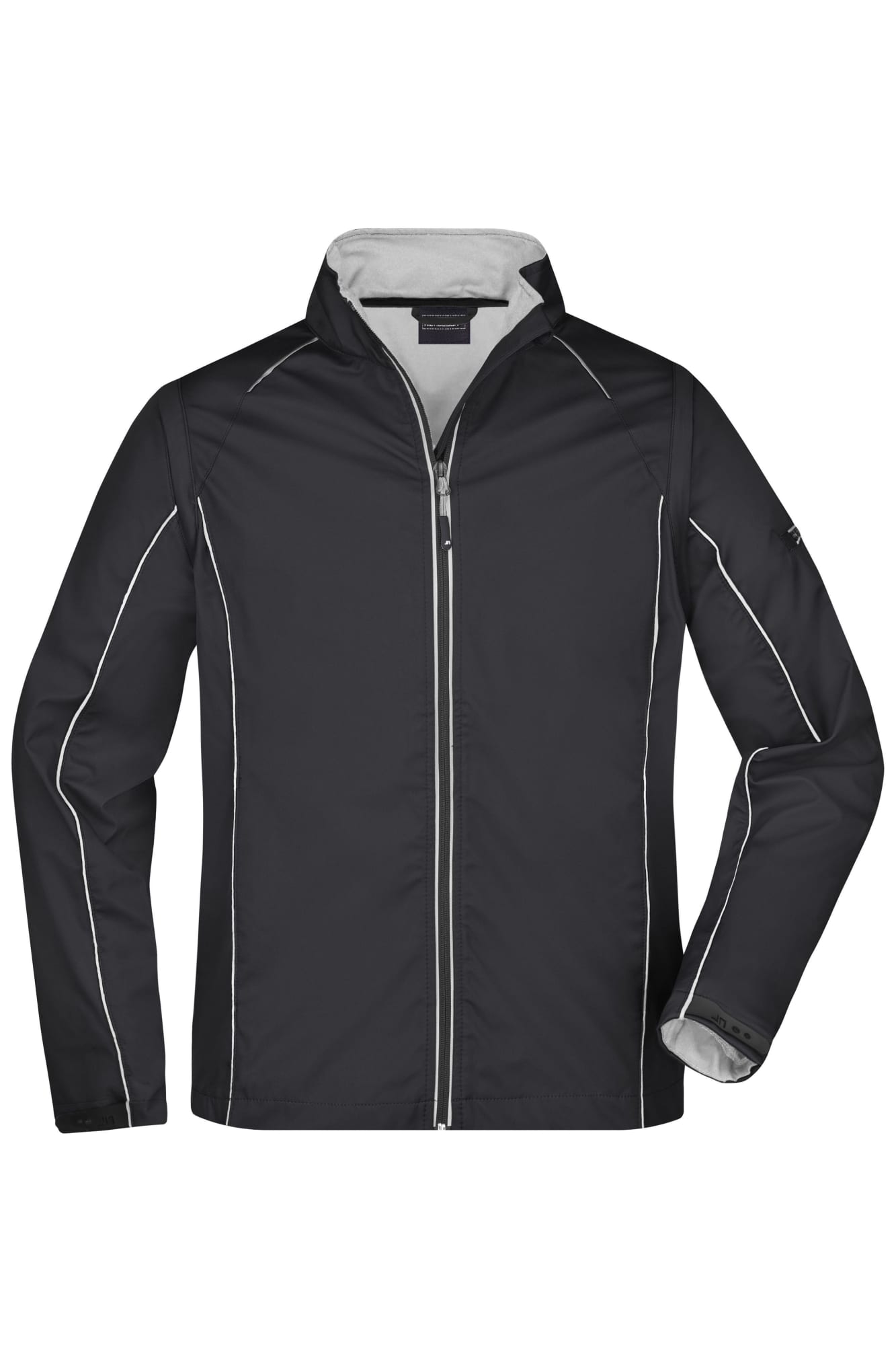 A black softshell jacket with contrast white stitching and a zip front, featuring a collar and long sleeves. Mens Zip-Off Softshell Jacket - Image 1