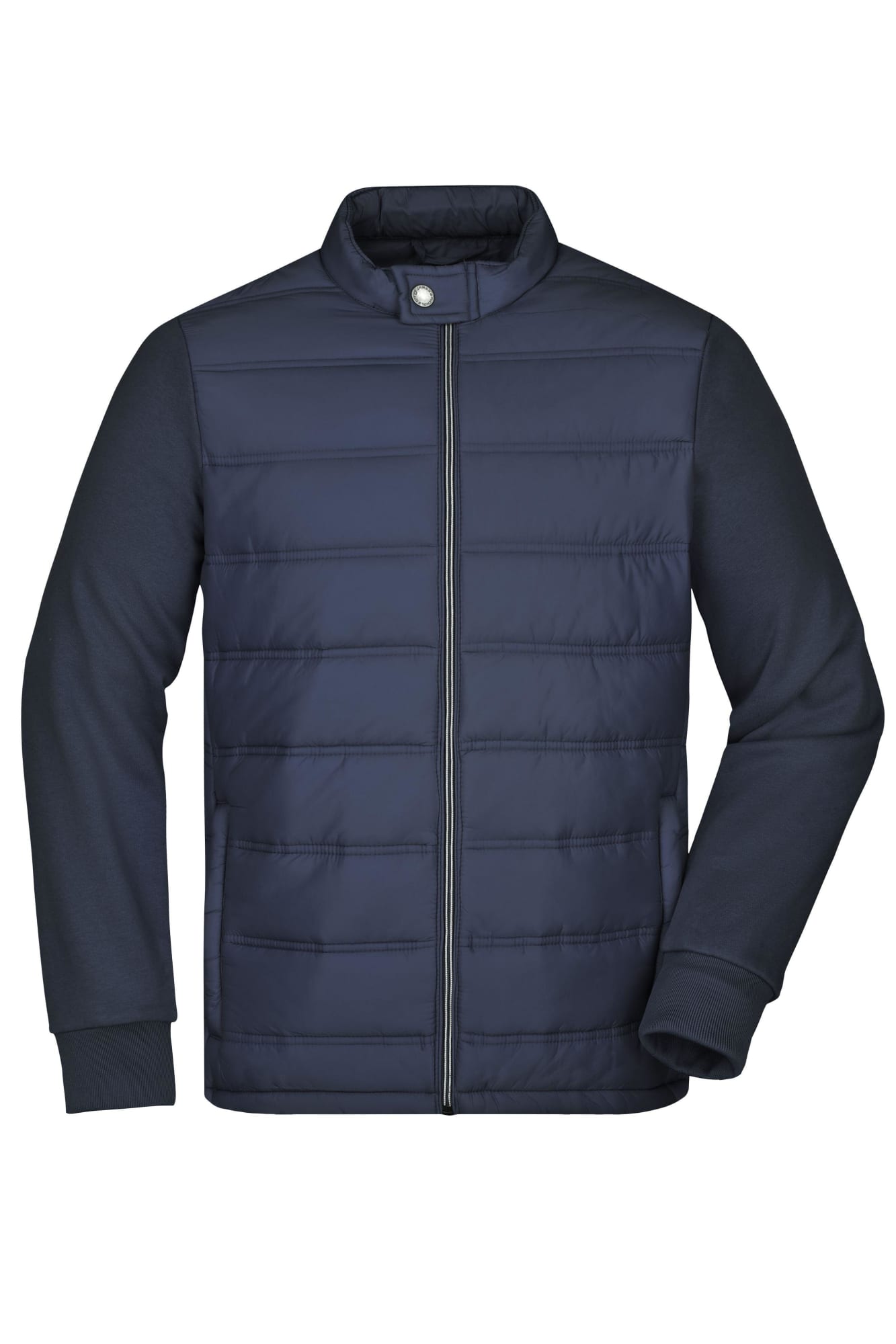 A men's hybrid sweat jacket in navy with a padded front and contrasting sleeves. Features a zip closure and a logo. Mens Hybrid Sweat Jacket - Image 1