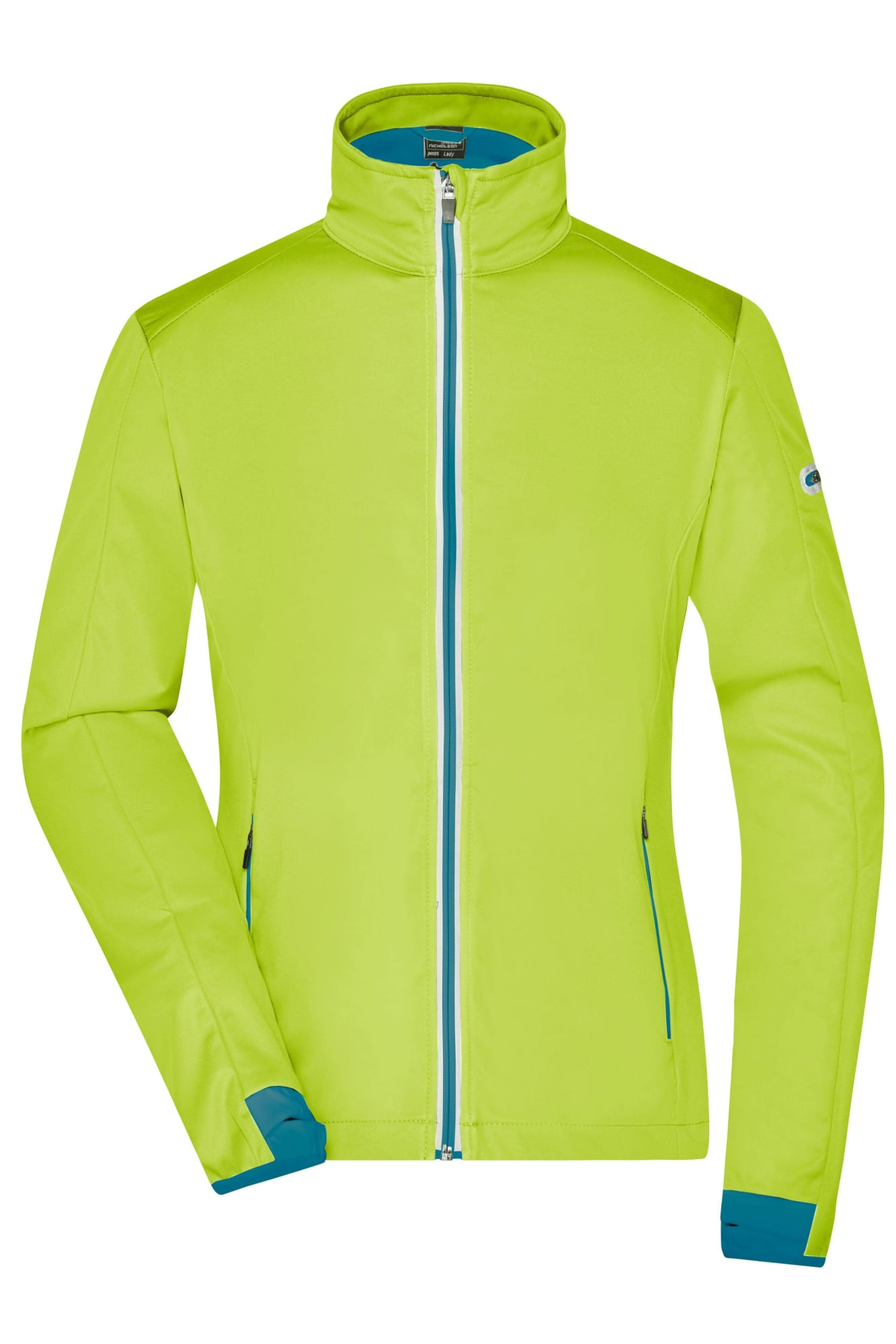 A bright lime green softshell jacket with a high collar and contrasting blue zipper. It features a logo on the sleeve. Ladies Sports Softshell Jacket - Image 1