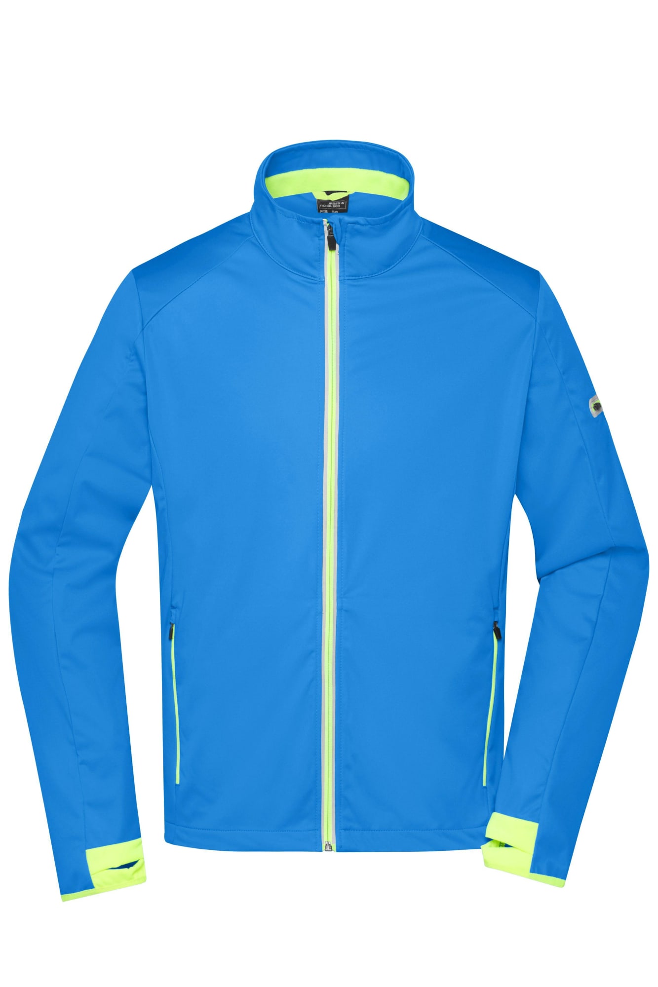 A men's sports softshell jacket in bright blue with neon yellow accents and zippered pockets, featuring a logo. Mens Sports Softshell Jacket - Image 1