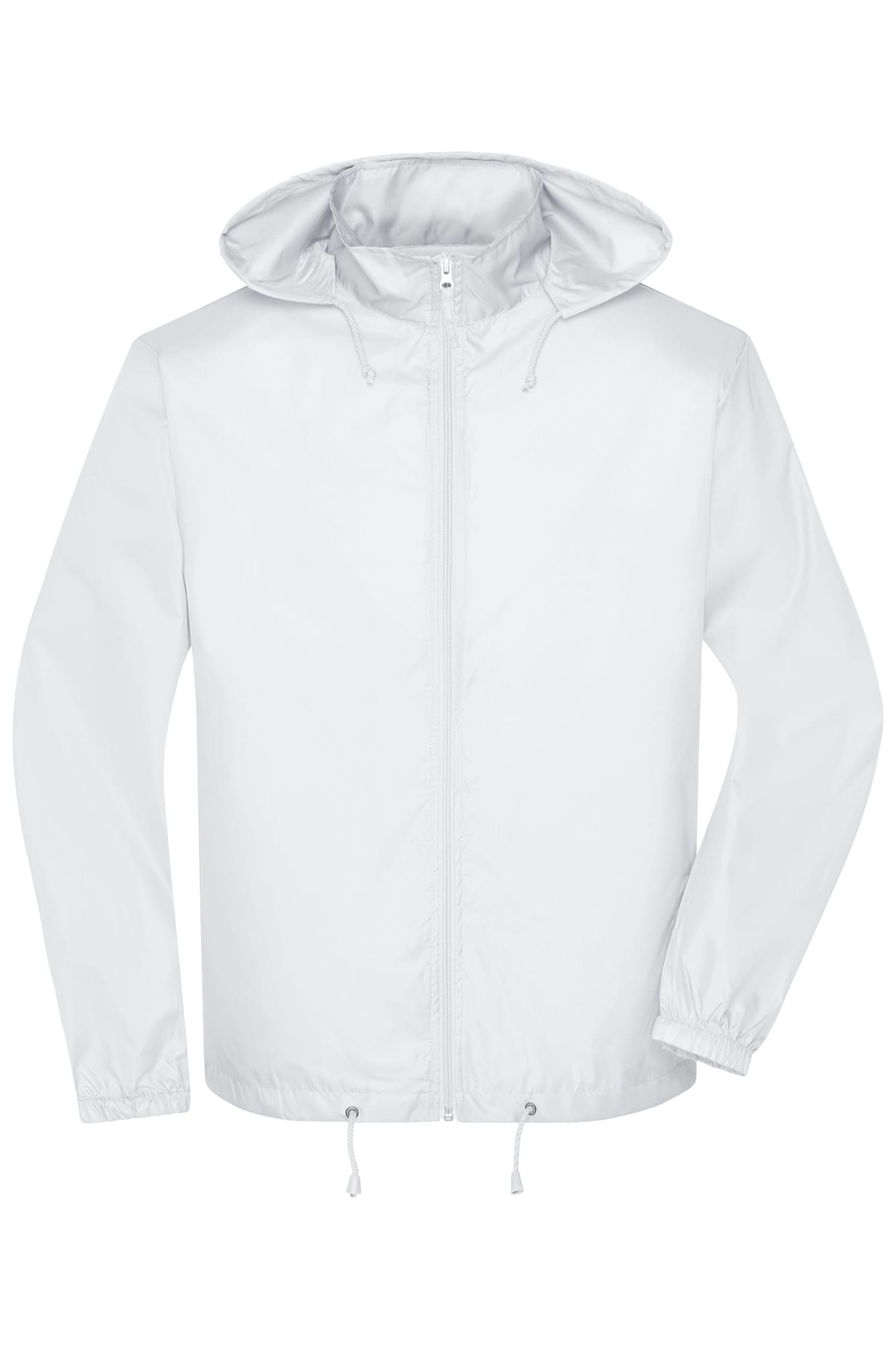 A white men's promotional jacket with a hood and elastic cuffs, featuring a logo. Mens Promo Jacket - Image 1