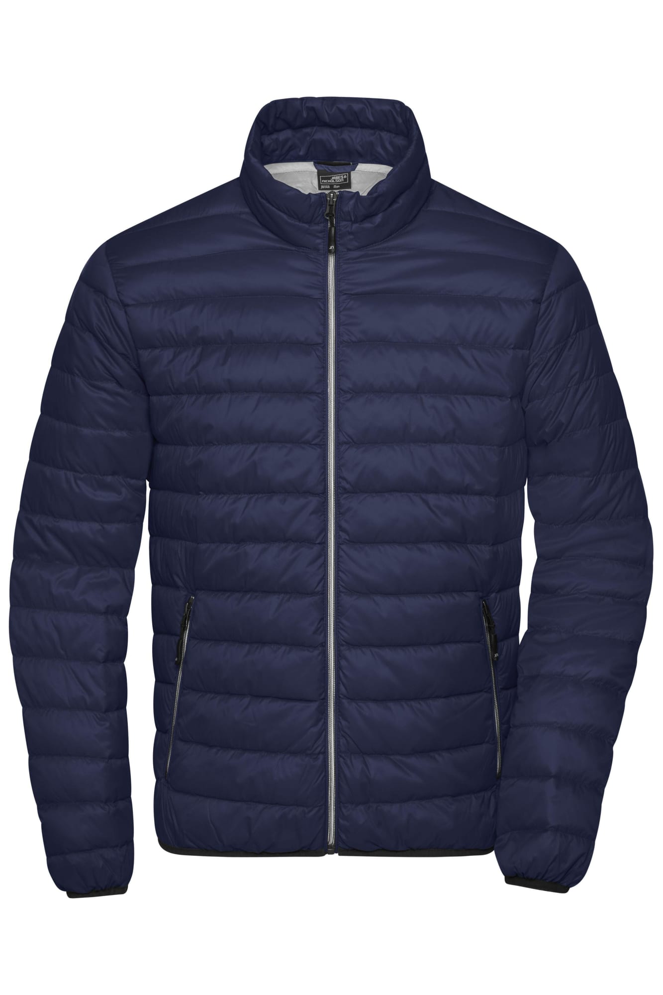 A navy puffer jacket with a zip front and stand-up collar, featuring side pockets and a branding logo. Mens Down Jacket - Image 1