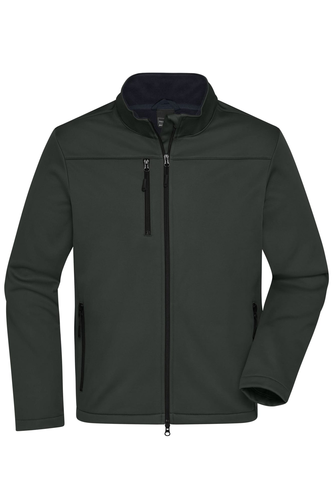 A dark green men's softshell jacket with a zippered front and side pockets. It features a collar and has a logo. Mens Softshell Jacket - Image 1