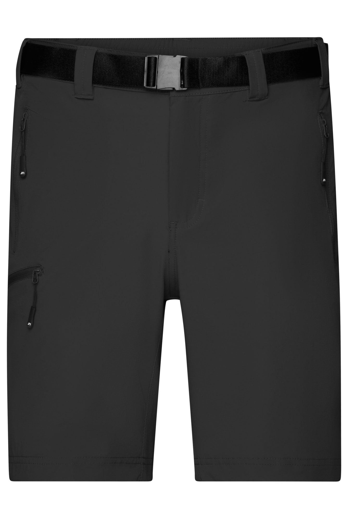 Black trekking shorts featuring a belt and multiple zippered pockets. The shorts have a sleek, functional design. Mens Trekking Shorts - Image 1