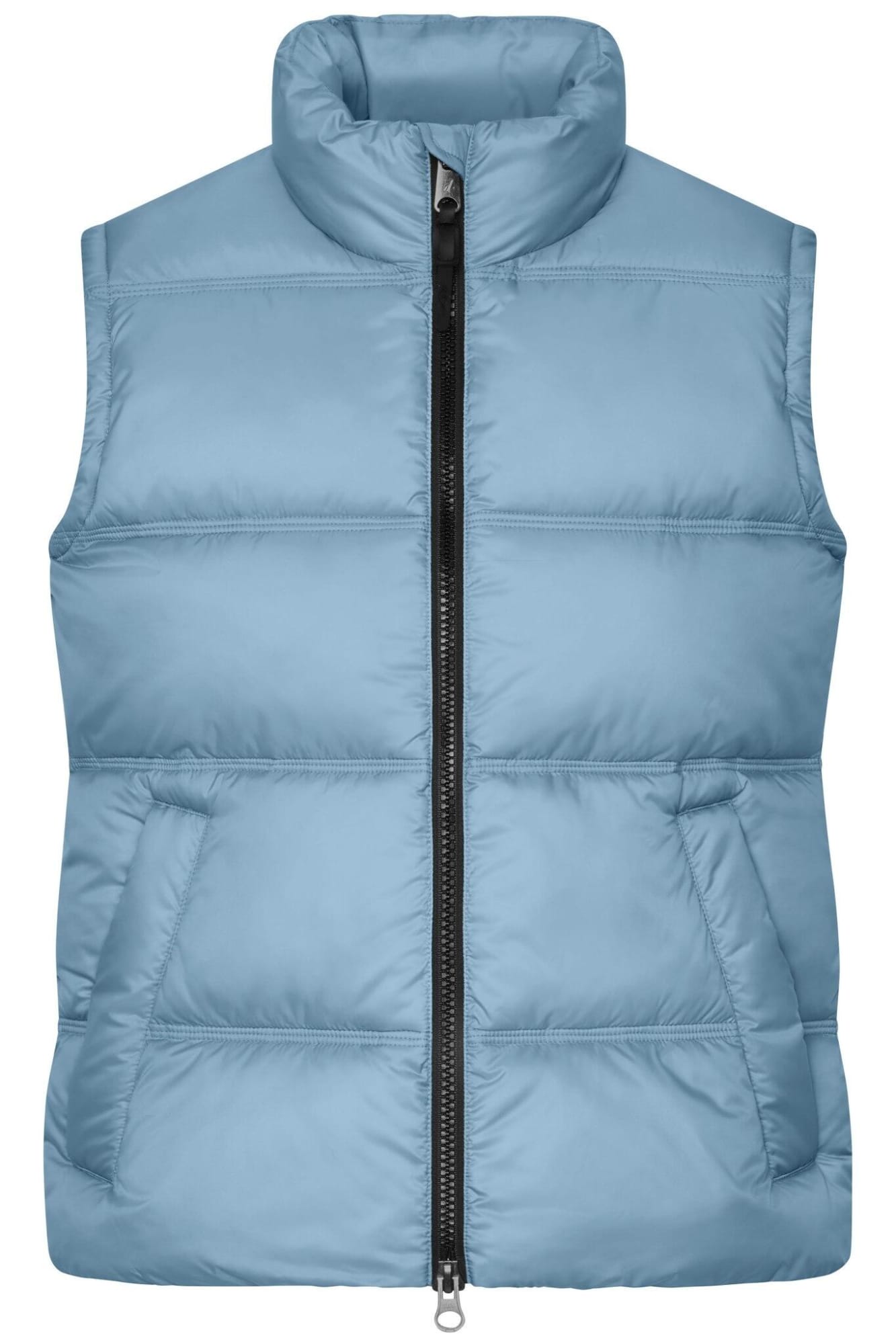 A light blue puffer vest with a high collar and zip closure, featuring front pockets and a branding logo. Ladies Winter Vest - Image 1