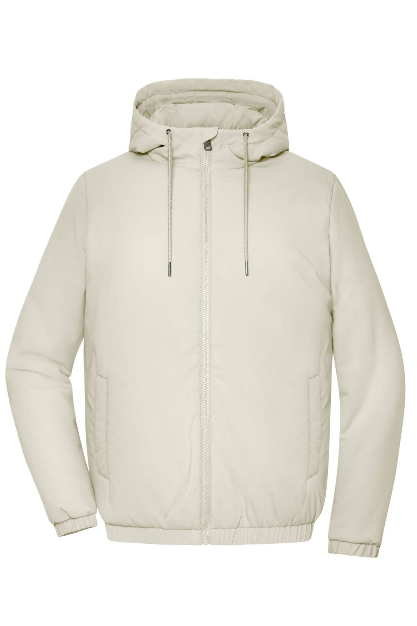 A light beige ladies bomber jacket with a hood, featuring a zip front and side pockets. It has a logo on the chest. Ladies Bomber Jacket - Image 1