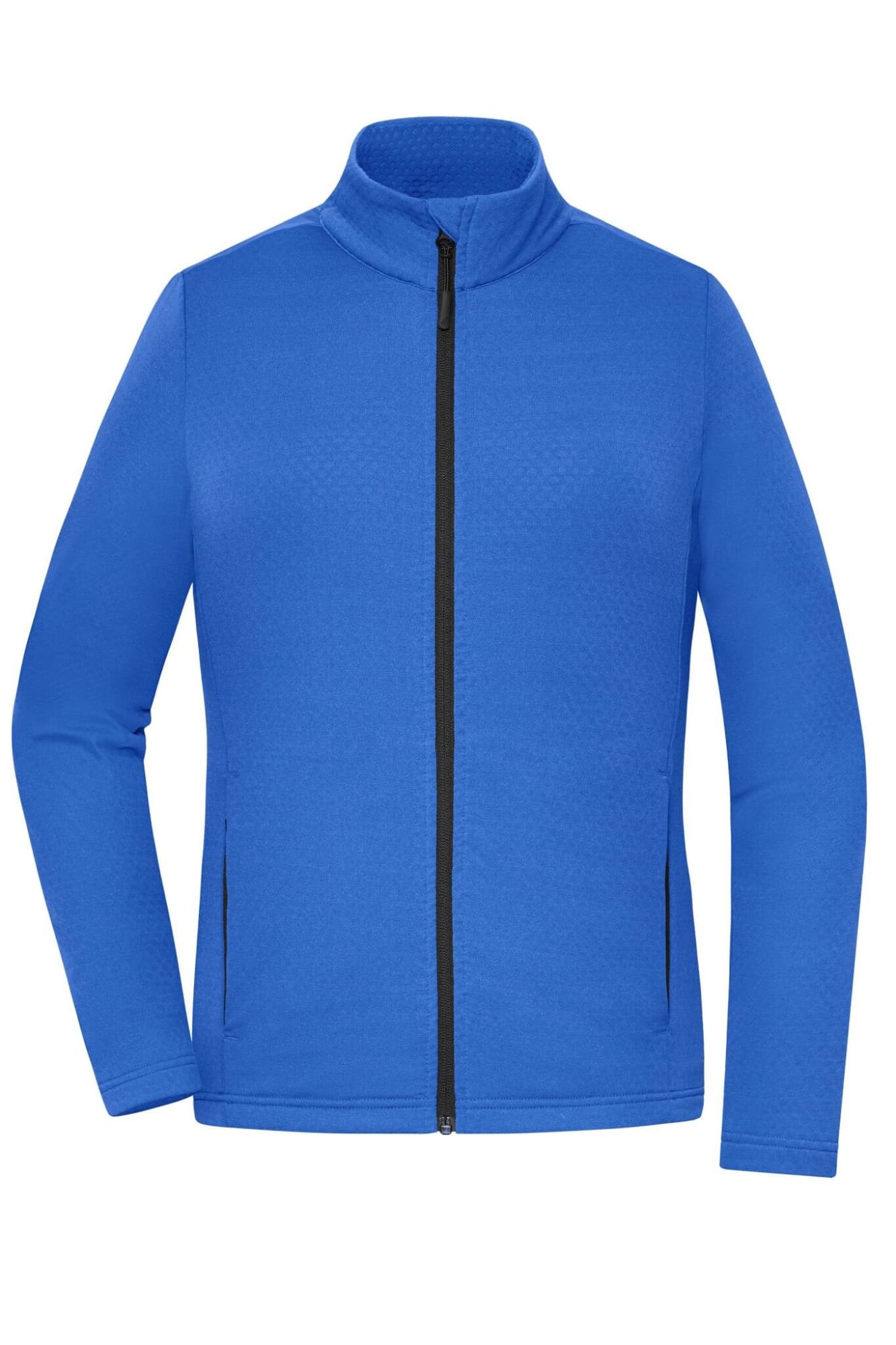 A blue structured fleece jacket with a zip front and black detailing, featuring pockets and a stand-up collar. Ladies Sports Structured Fleece Jacket - Image 1