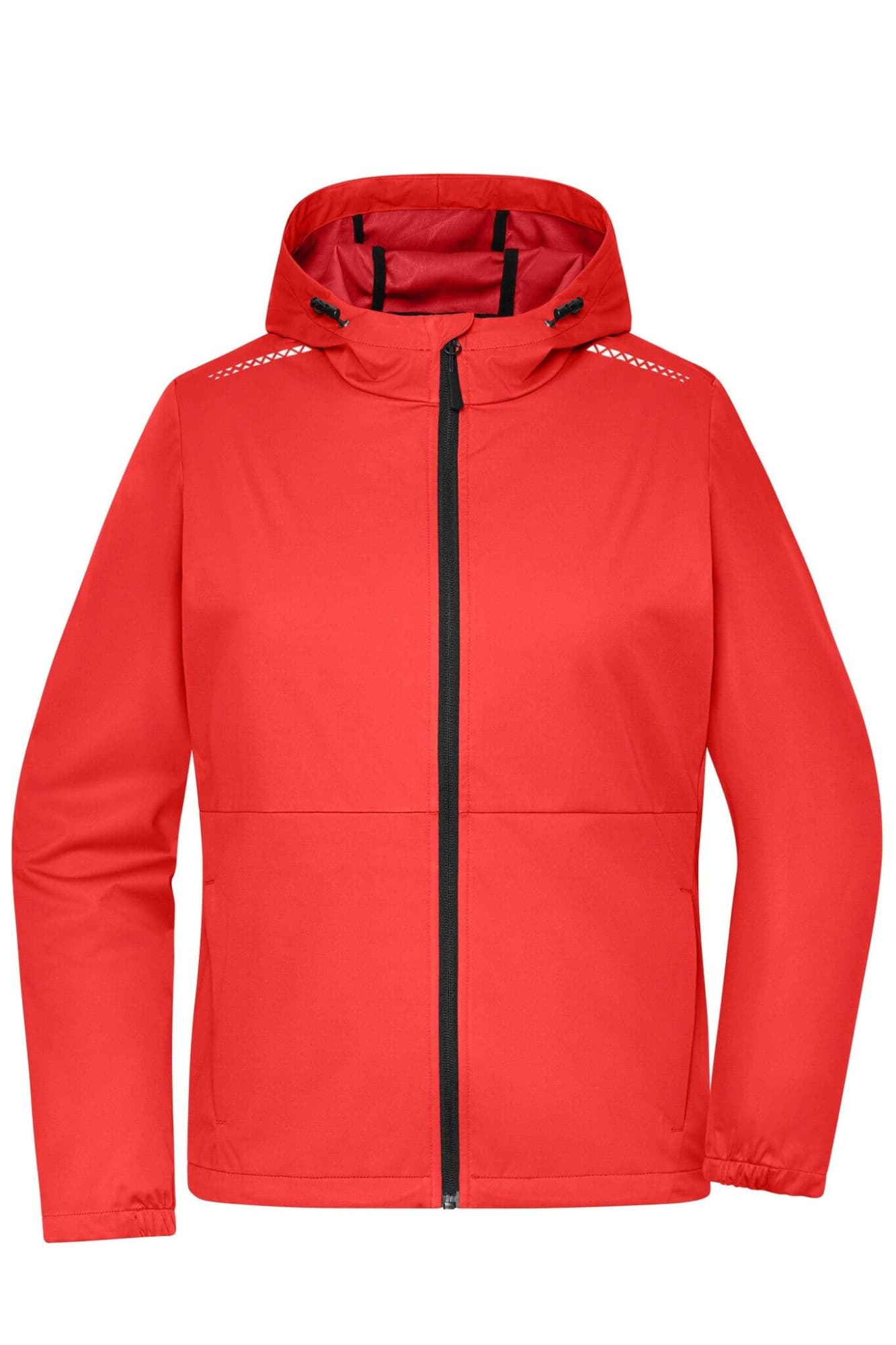 A red ladies' softshell jacket with a hood and a zip closure, featuring a logo on the front. Ladies Sports Softshell Jacket GRS - Image 1
