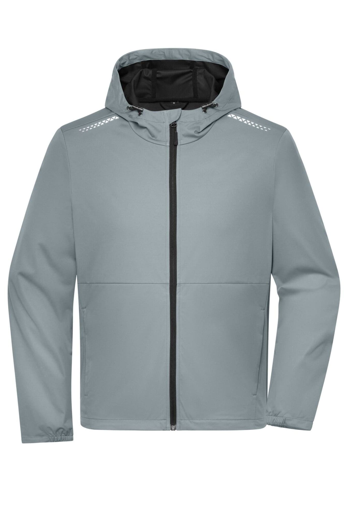 Men's softshell jacket in light grey, featuring a hood and reflective details, with a zip front and a logo. Mens Sports Softshell Jacket GRS - Image 1