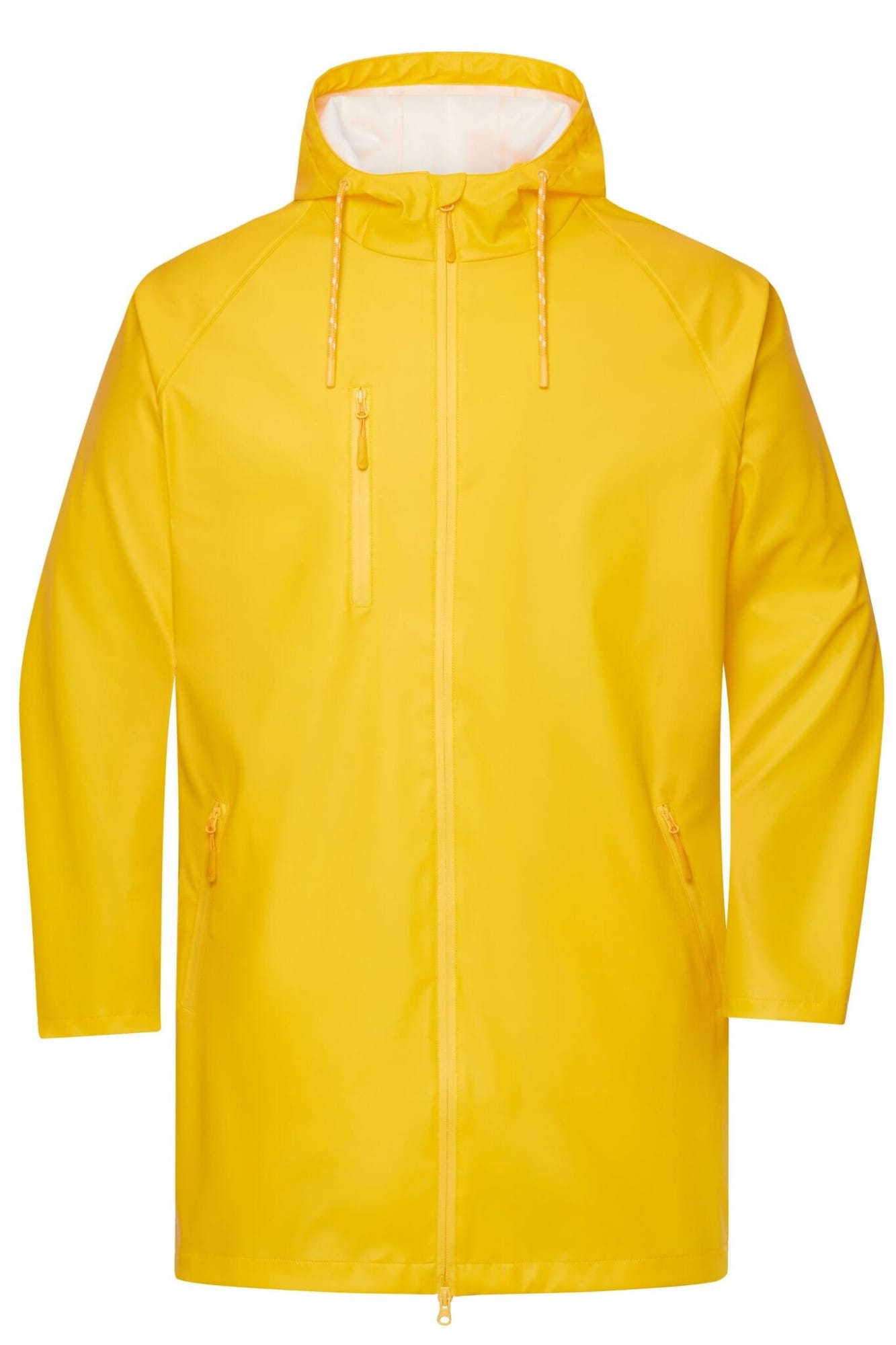 A unisex raincoat in bright yellow with a hood and front zip pocket, featuring a logo on the fabric. Raincoat Unisex - Image 1