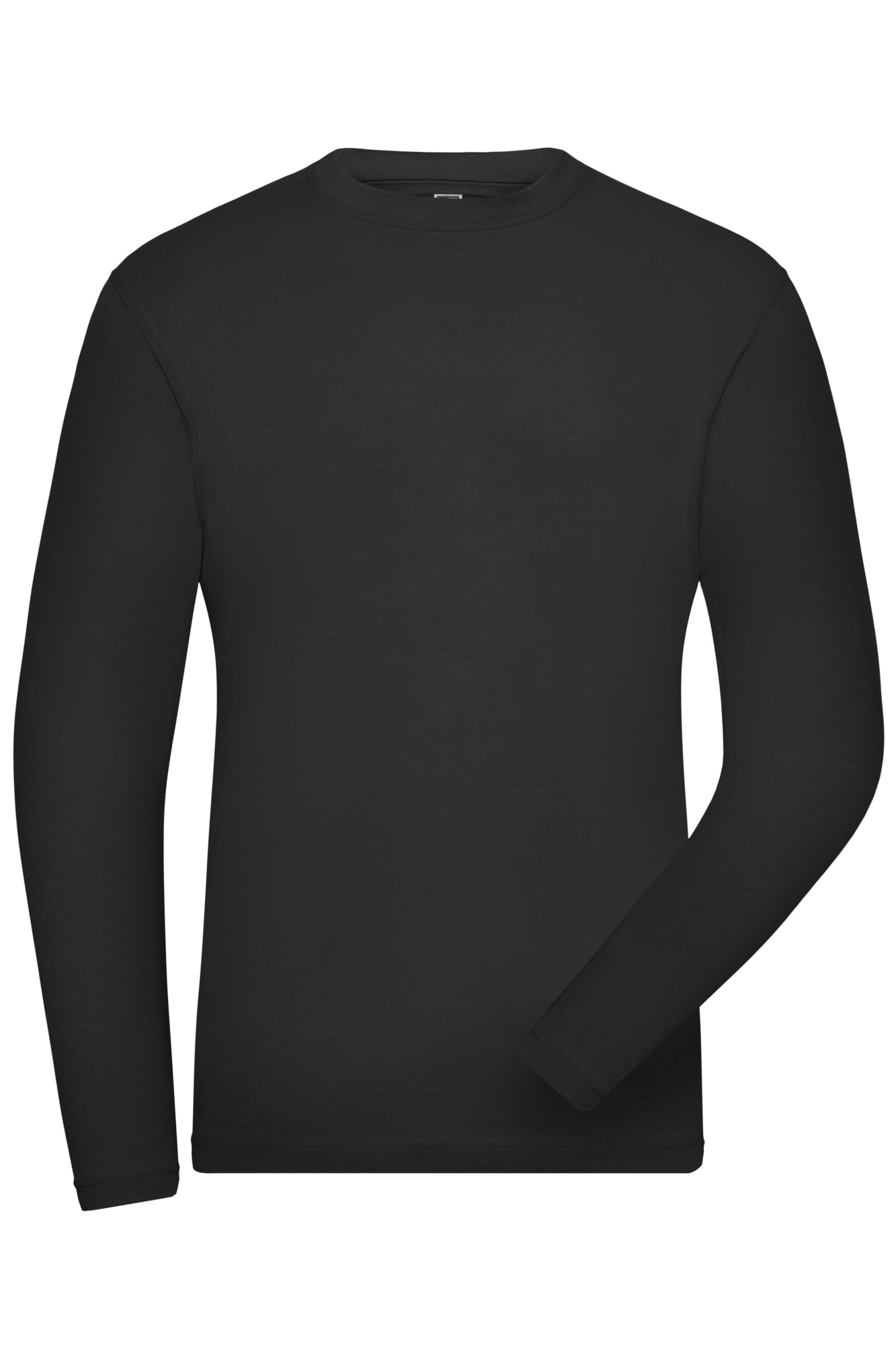 A black long-sleeve t-shirt with a round neckline and a logo. Suitable for casual wear. Mens BIO Stretch L-S - Image 1