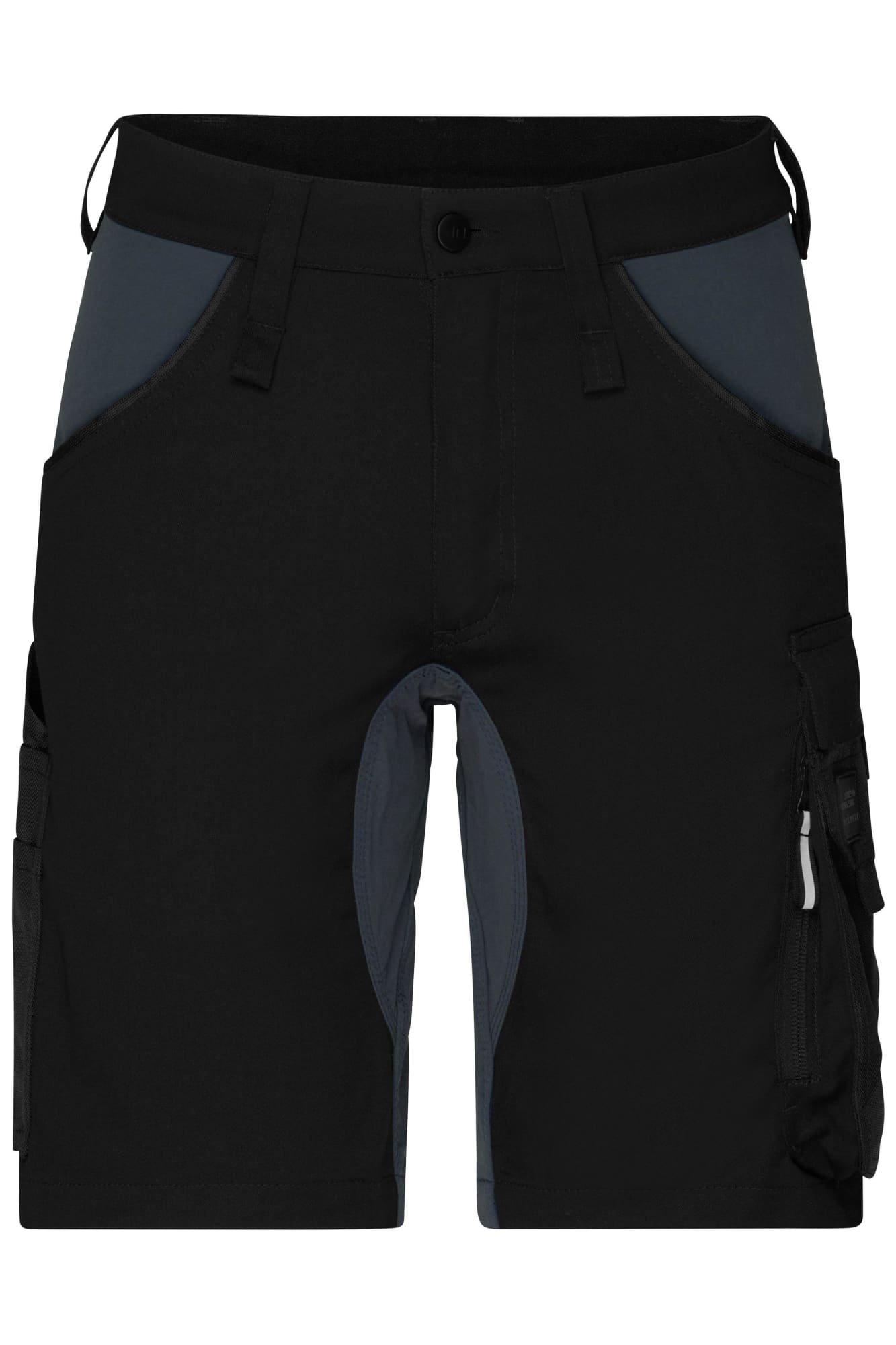 A pair of black work shorts with dark grey panels and multiple pockets, featuring a logo on the waistband. Workwear Stretch-Bermuda - Image 1