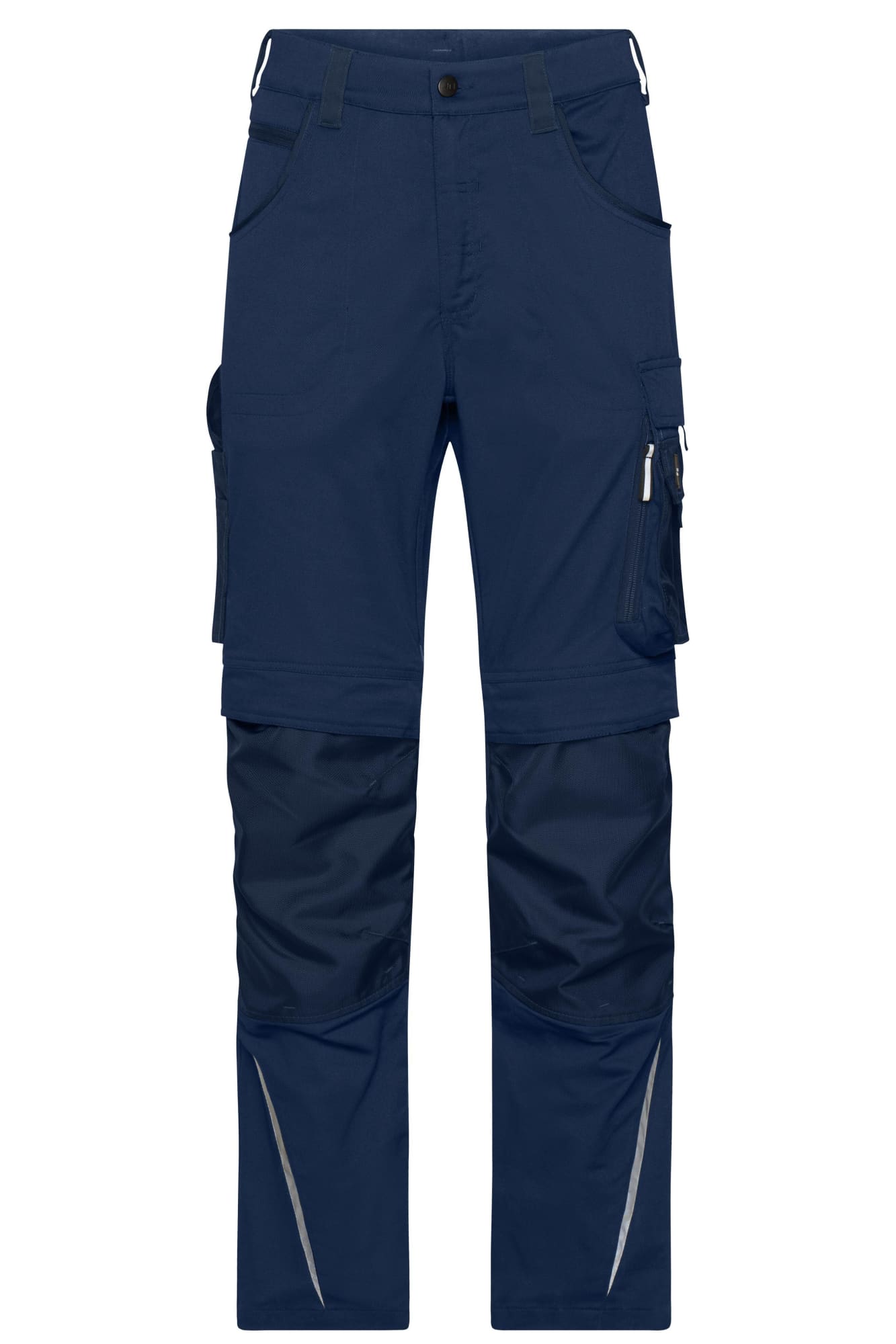 Navy workwear pants with multiple pockets and a logo, featuring reflective detailing and a durable design. Workwear Pants - Image 1