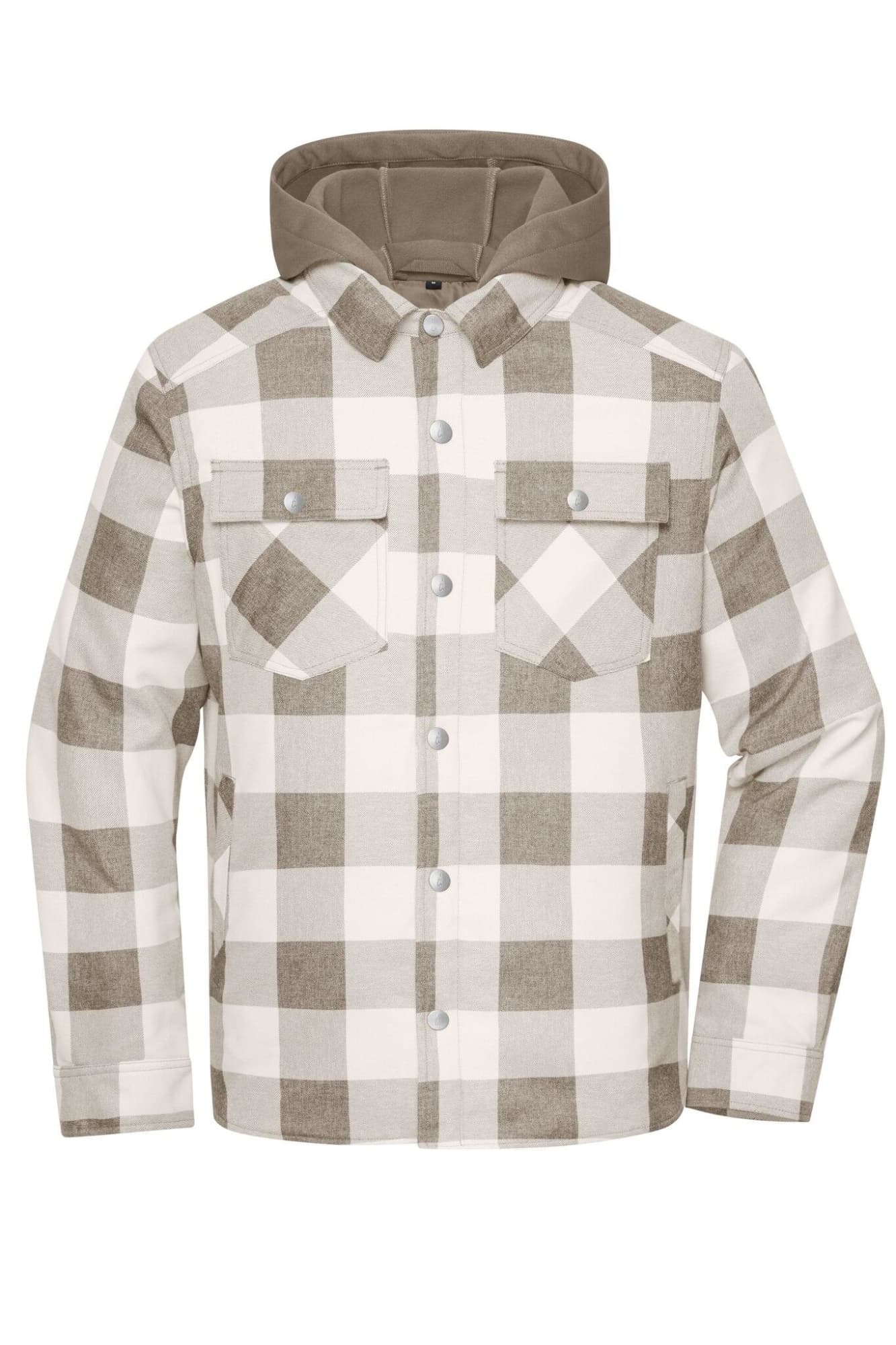 A check shirt jacket in white and brown, featuring a hood and two front pockets. It has a logo on the chest. Workwear Check Shirt Jacket - Image 1
