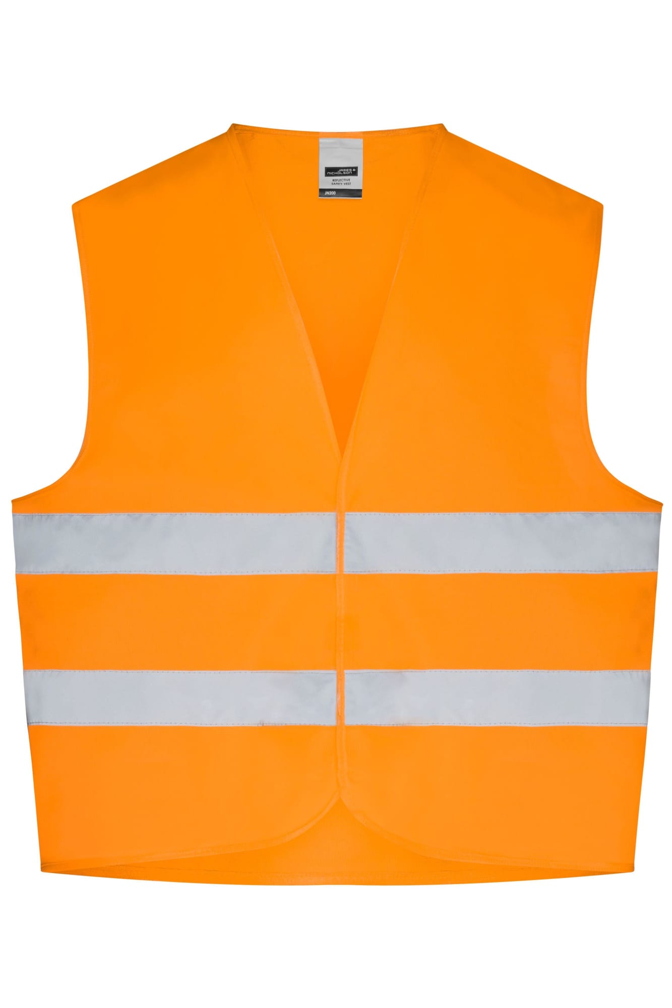 An orange safety vest with two reflective stripes. The vest has no sleeves and a V-neck design. It features a logo. Safety Vest - Image 1