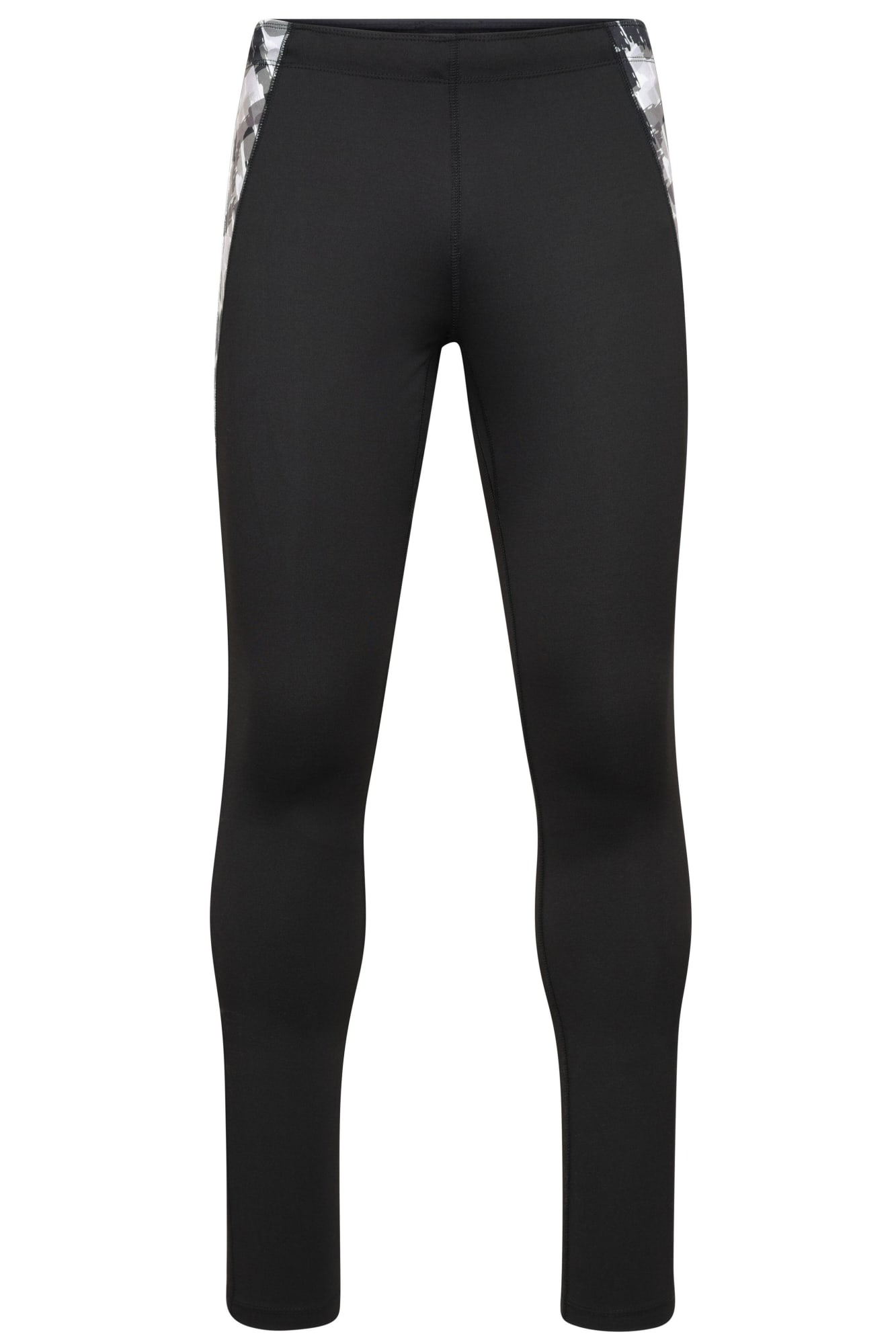 Men’s sports tights in black with patterned side panels; features a logo on the waistband. Mens Sports Tights - Image 1