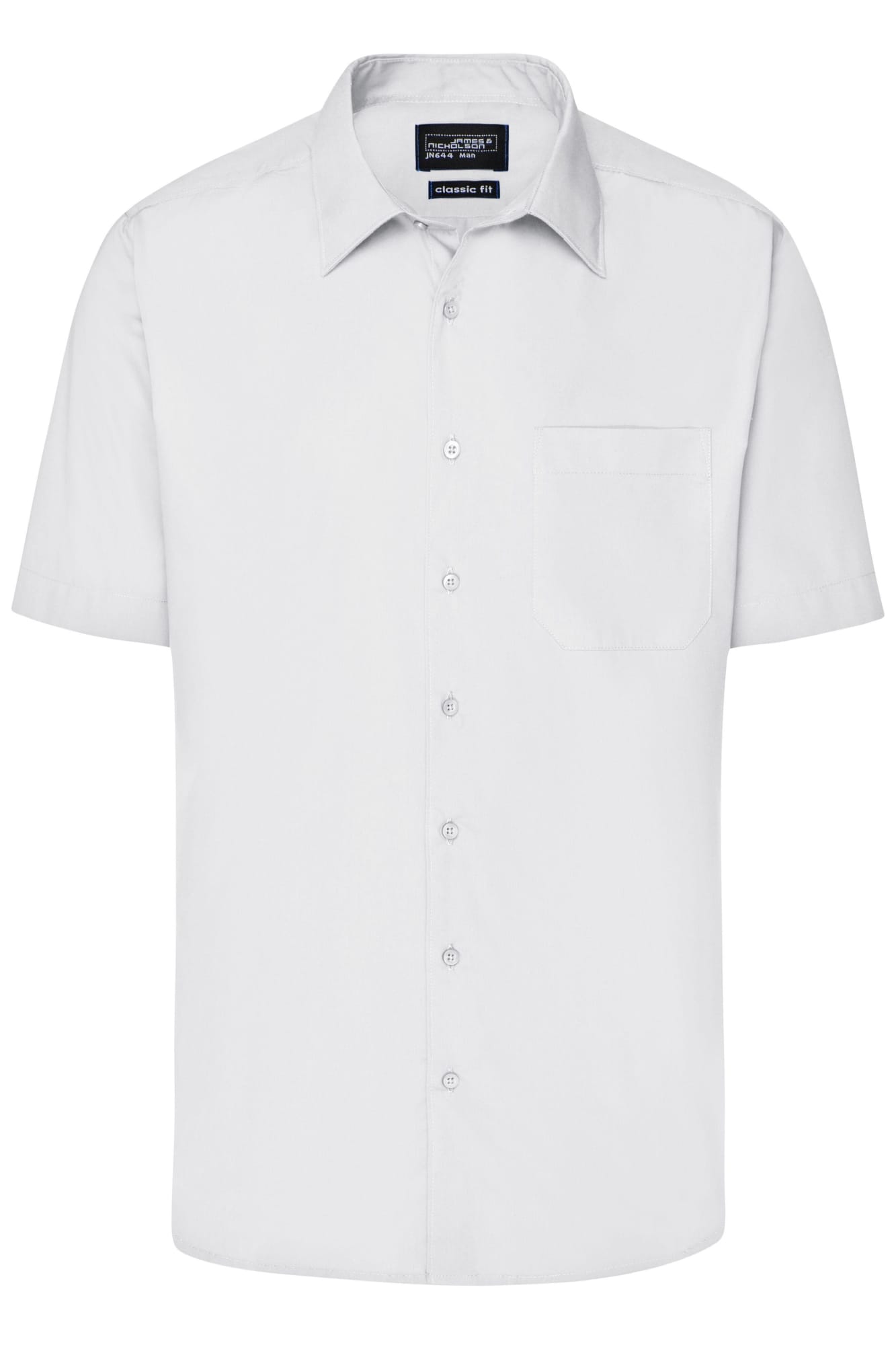 A short-sleeved, white button-up business shirt with a chest pocket and branding on the label. Mens Business Shirt S-S - Image 1