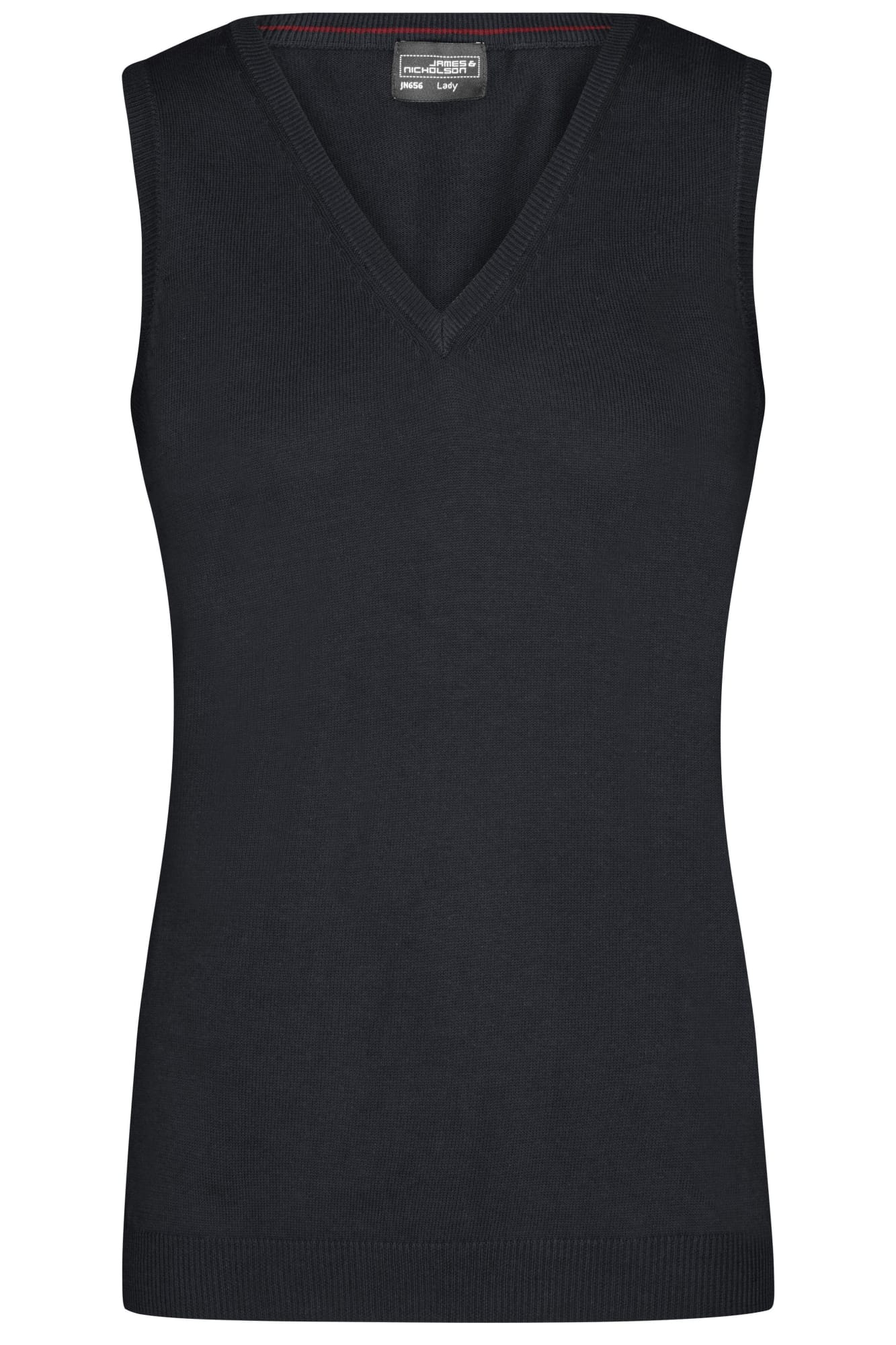 A black ladies v-neck vest from the knitted jumpers category, featuring a fitted design and no sleeves. Ladies V-Neck Vest - Image 1