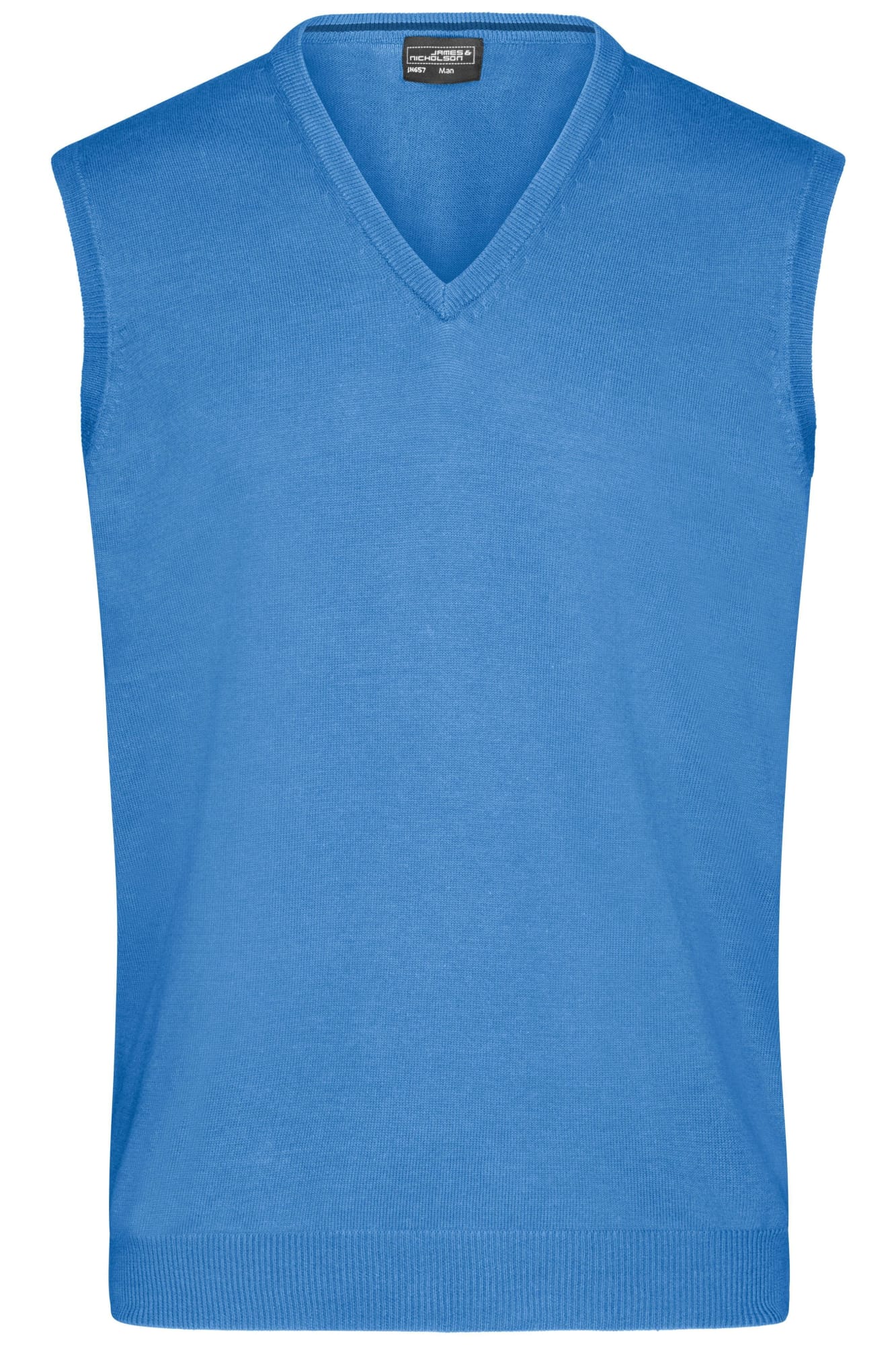 A blue men's V-neck vest featuring a sleeveless design and ribbed hem. It has a logo on the label. Mens V-Neck Vest - Image 1