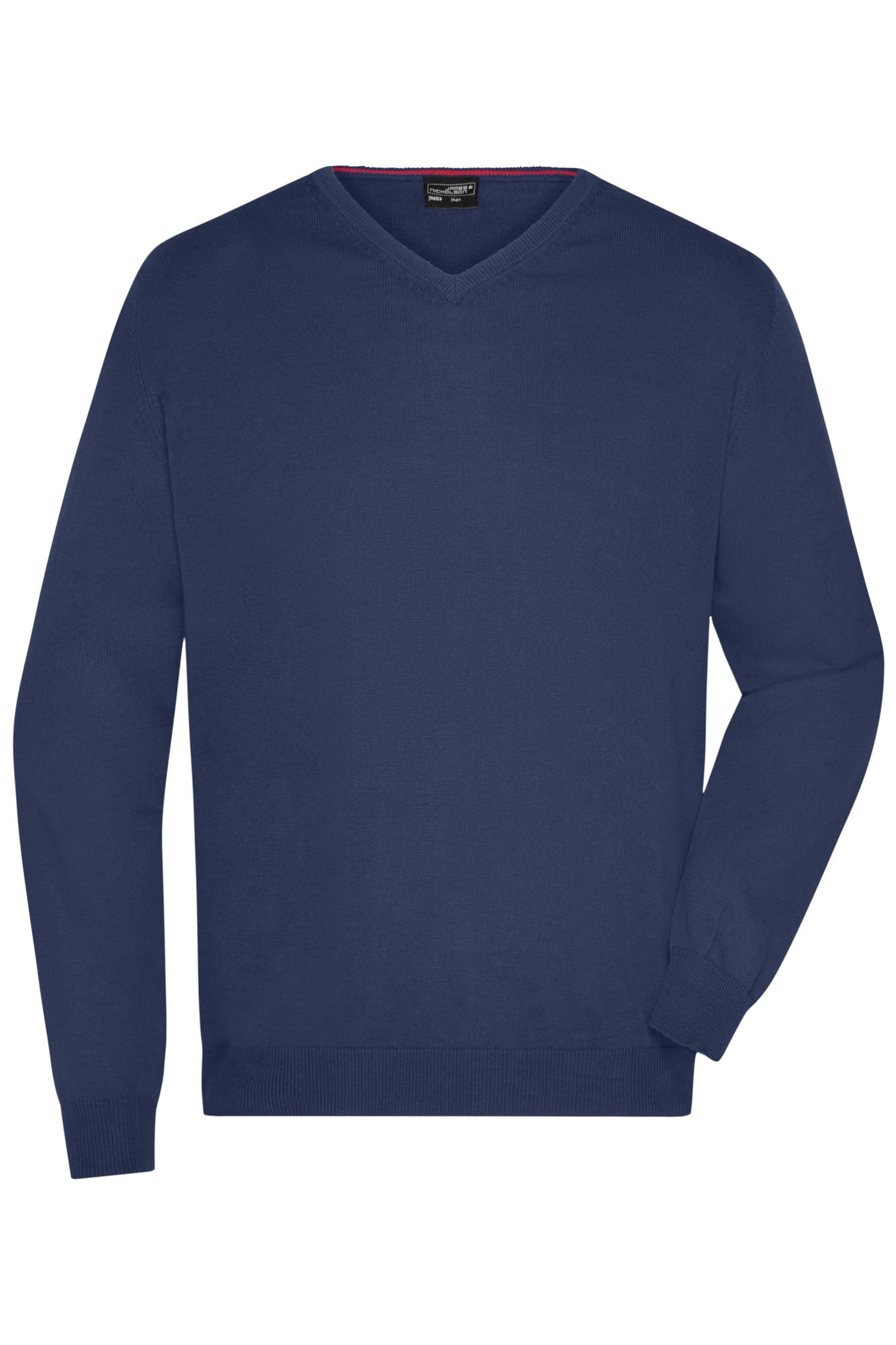 A navy blue men's V-neck pullover jumper with long sleeves, featuring a logo. Mens V-Neck Pullover - Image 1
