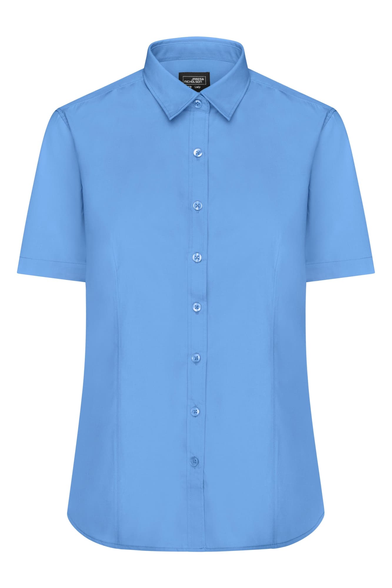 A short-sleeved button-up shirt in a light blue colour, featuring a collar and multiple buttons. It has a logo. Ladies Shirt S-S Poplin - Image 1