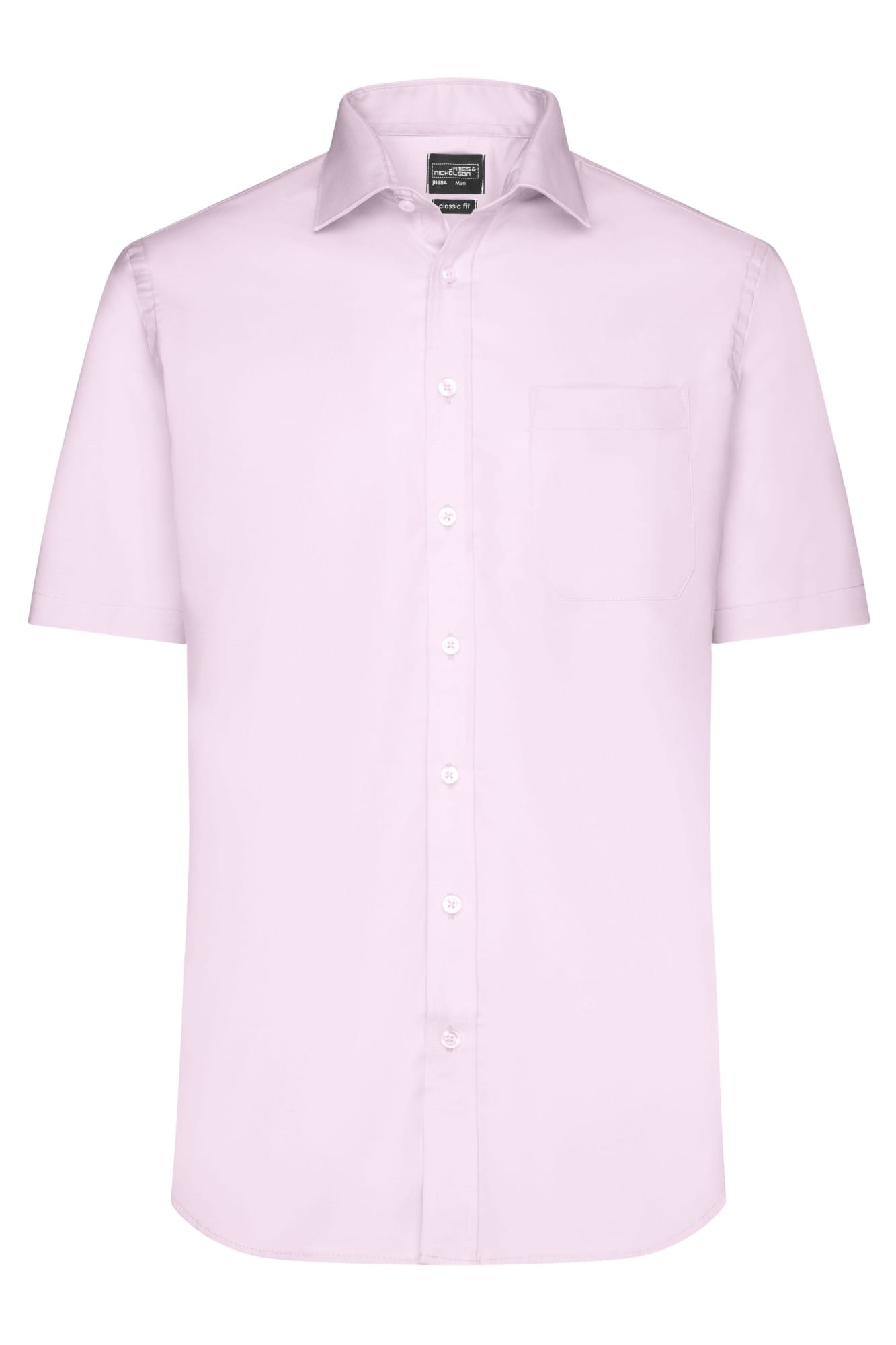 A light pink short-sleeved button-up shirt with a pocket and a logo on the collar. Mens Shirt S-S Micro-Twill - Image 1