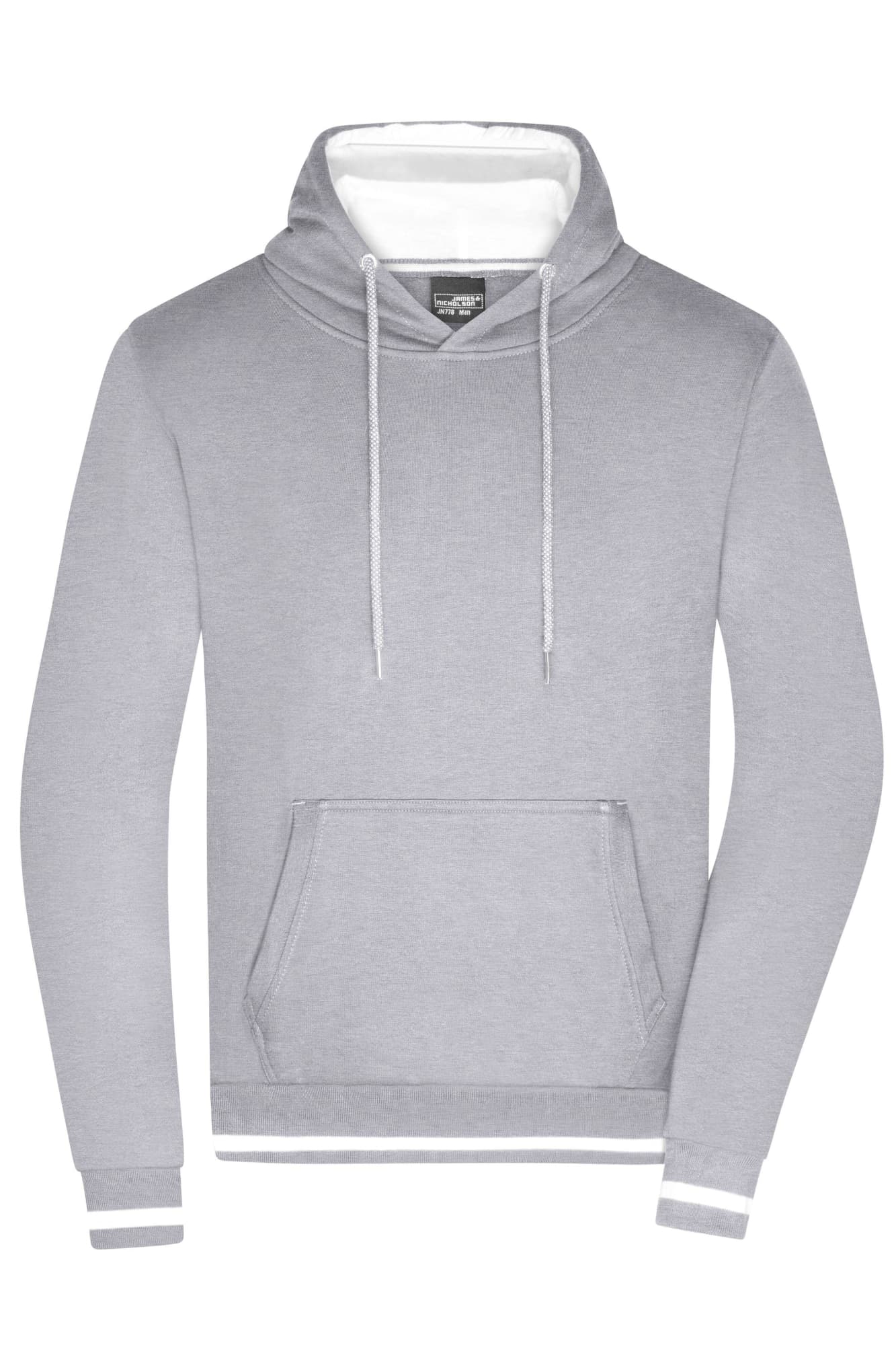 A grey men's hoodie with a white interior, a front pocket, and a drawstring hood. It features a logo. Mens Club Hoodie - Image 1